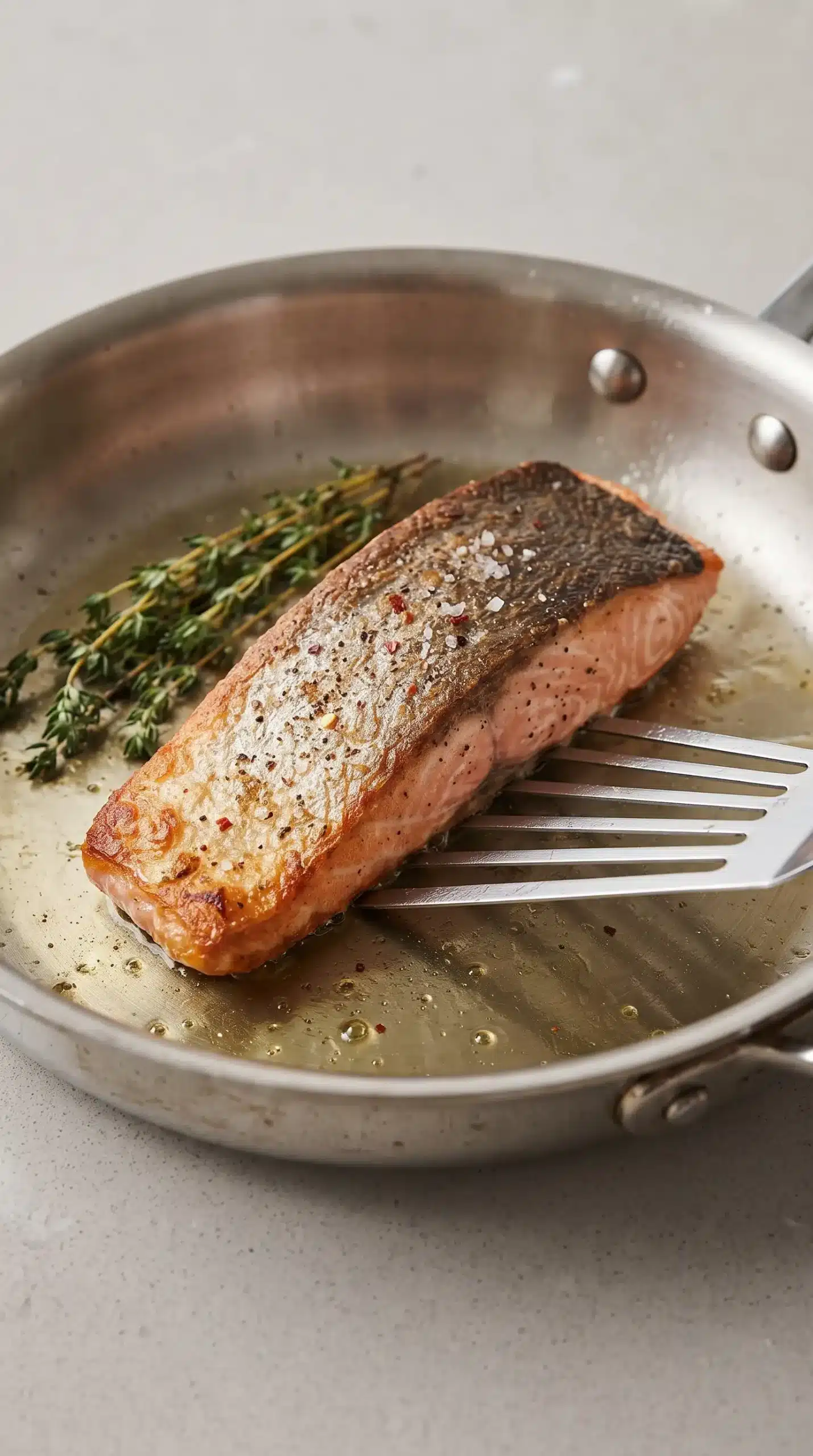 Skin-on salmon fillet searing in a skillet to create crisp golden skin