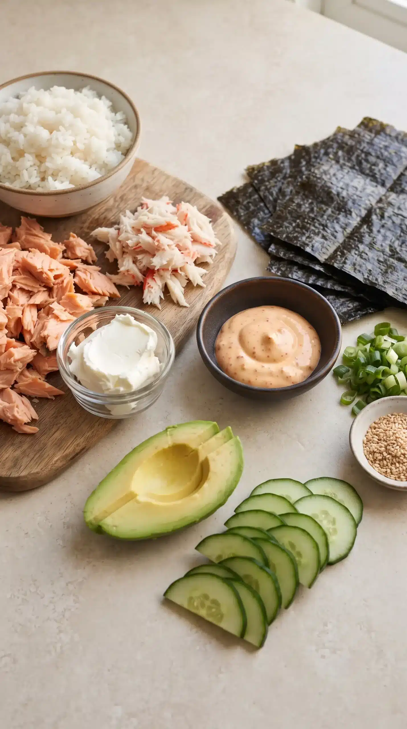 Ingredients for salmon sushi bake including sushi rice, salmon, crab, cream cheese, and toppings