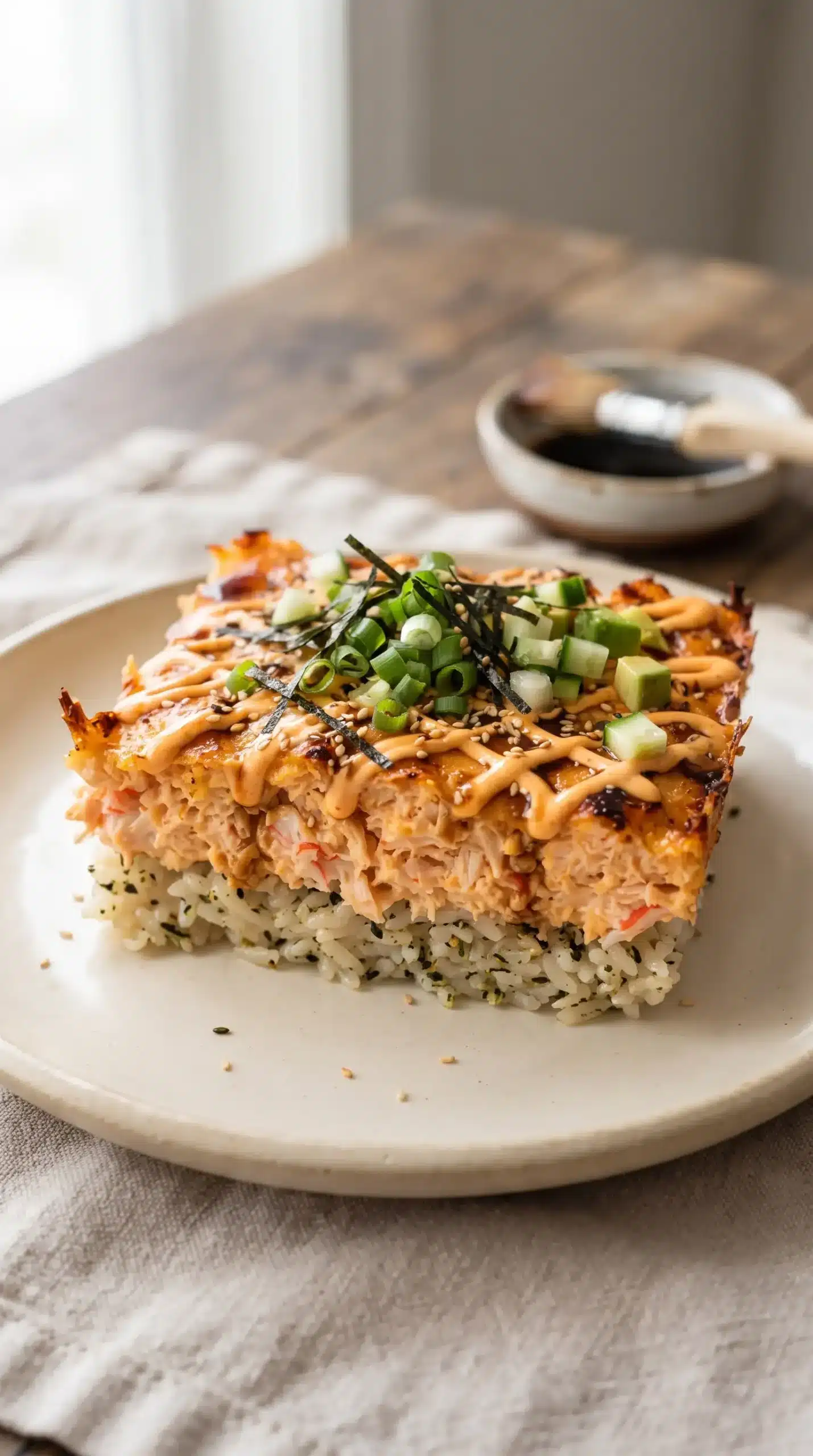 Finished salmon sushi bake serving topped with spicy mayo, nori, sesame, and fresh vegetables