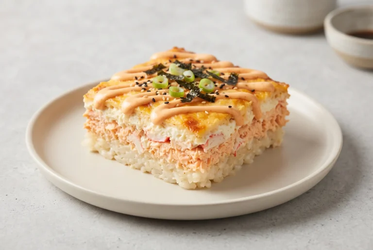 Salmon Sushi Bake with cream cheese, spicy mayo, flaky salmon, crab, rice, and sushi toppings