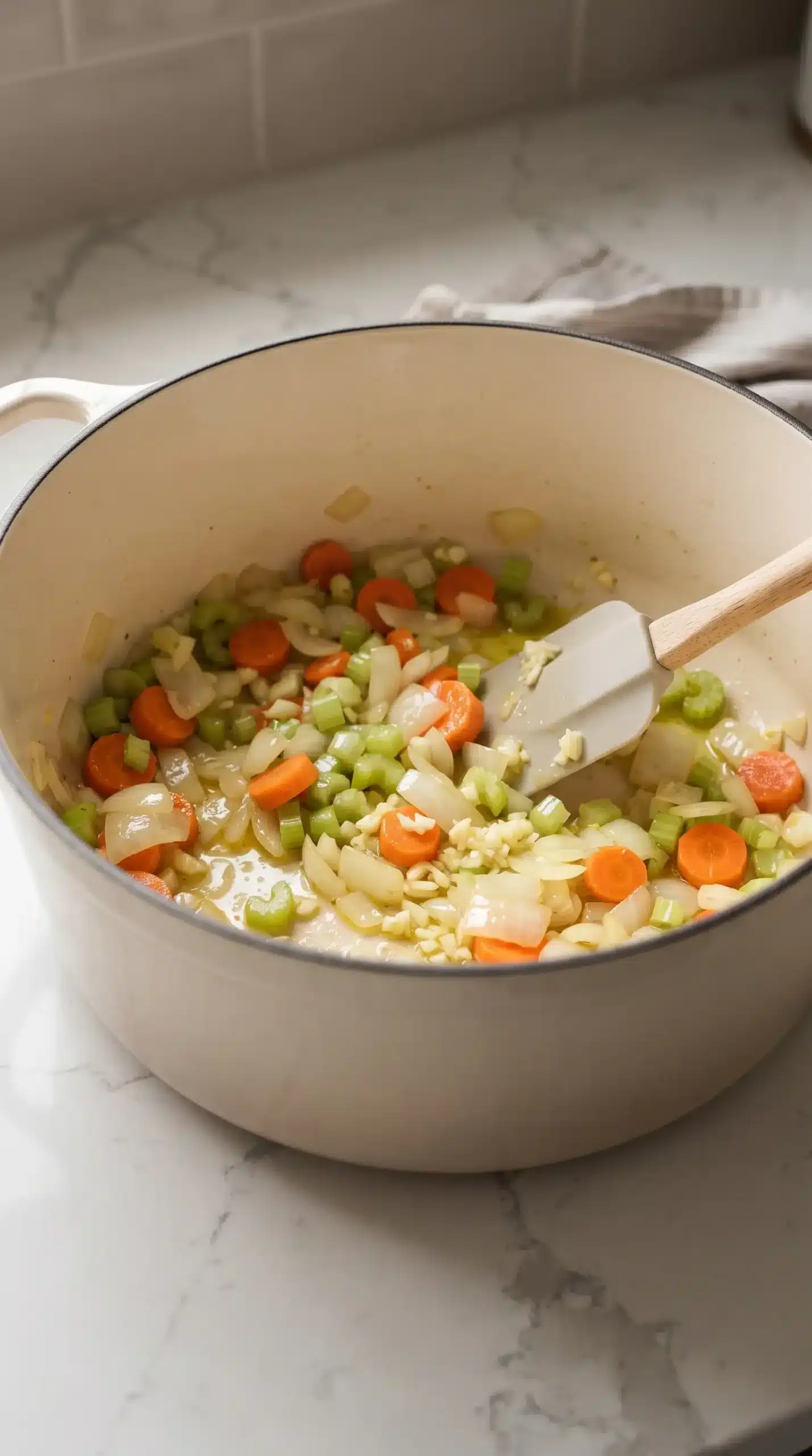 Diced vegetables and garlic sautéing in a Dutch oven for Amish snow day soup