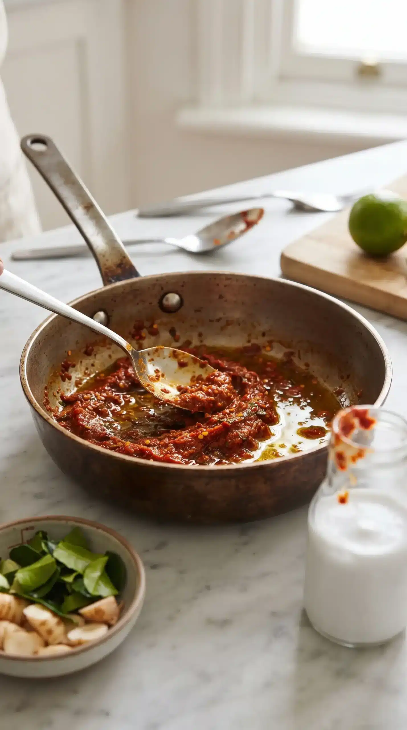 Curry paste being gently stirred with oil in a saucepan for noodle soup