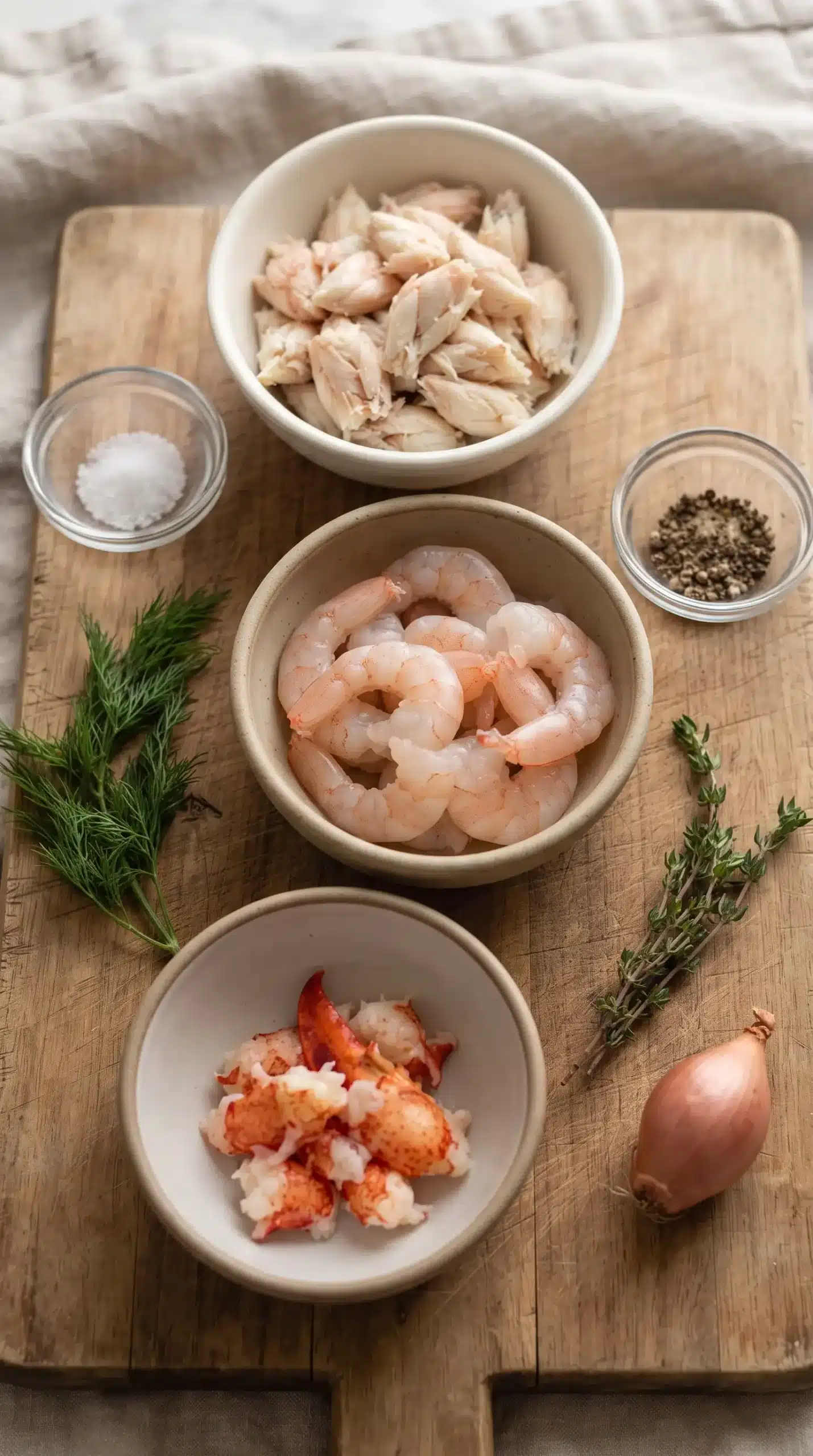 Fresh lump crab meat and peeled shrimp prepared as seafood choices for crab and shrimp bisque