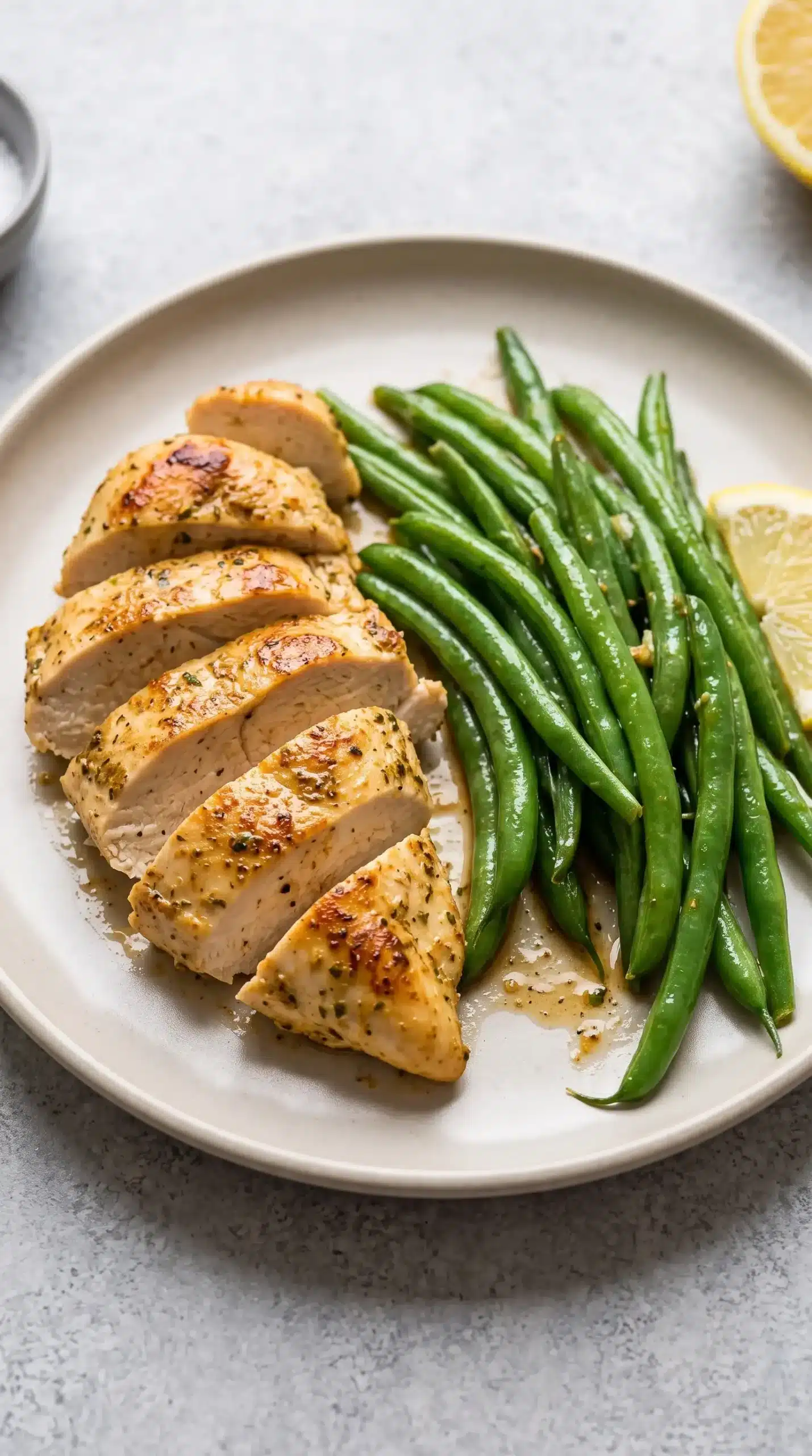 Sliced seared chicken breast served with bright green beans and pan juices