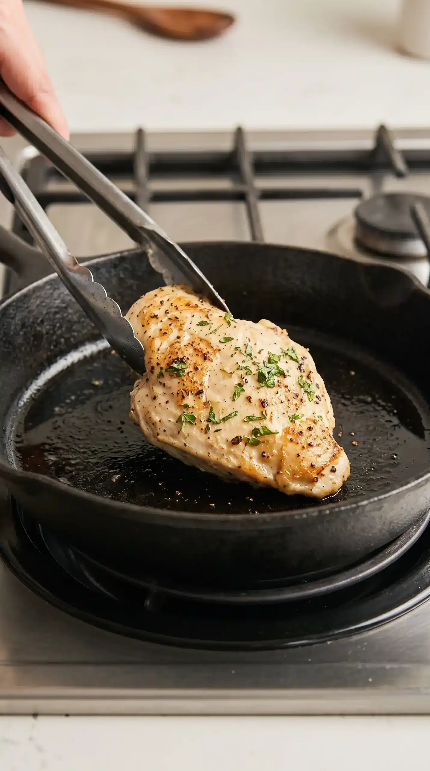 Chicken breast searing in a skillet before baking with cheese topping