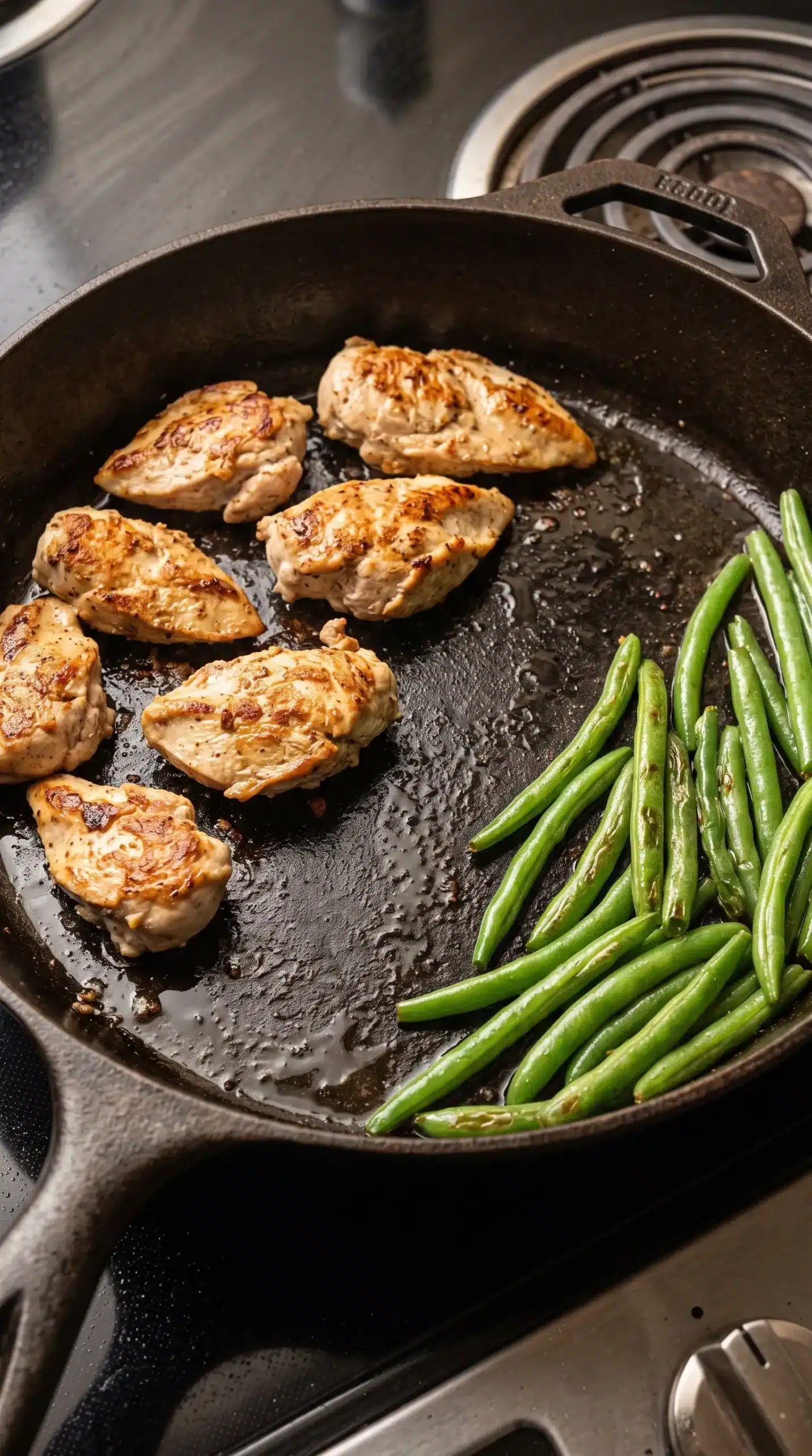 Chicken breast and green beans cooking together in a skillet during searing