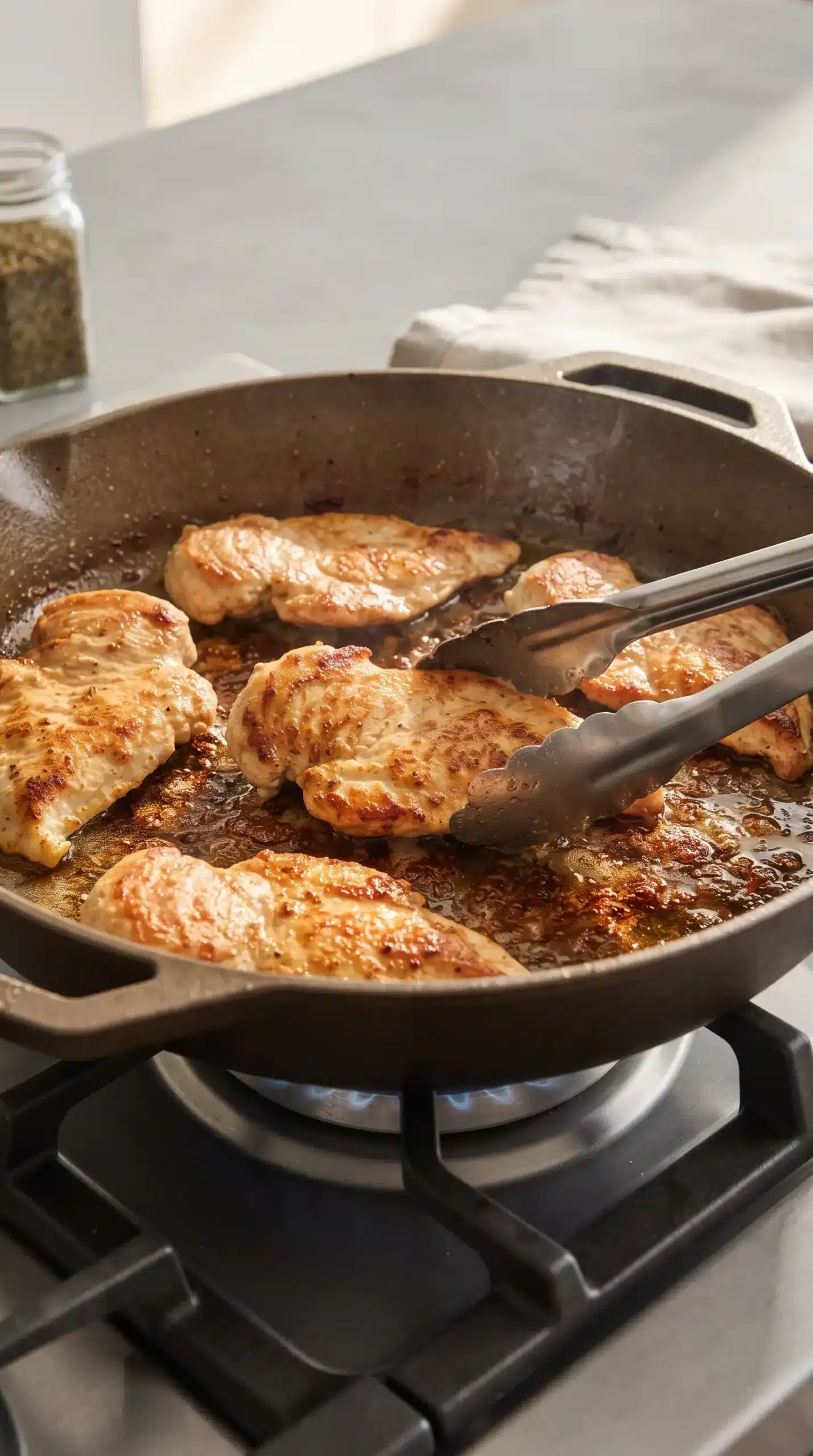 Chicken cutlets searing in a skillet with golden-brown edges before adding the cream sauce