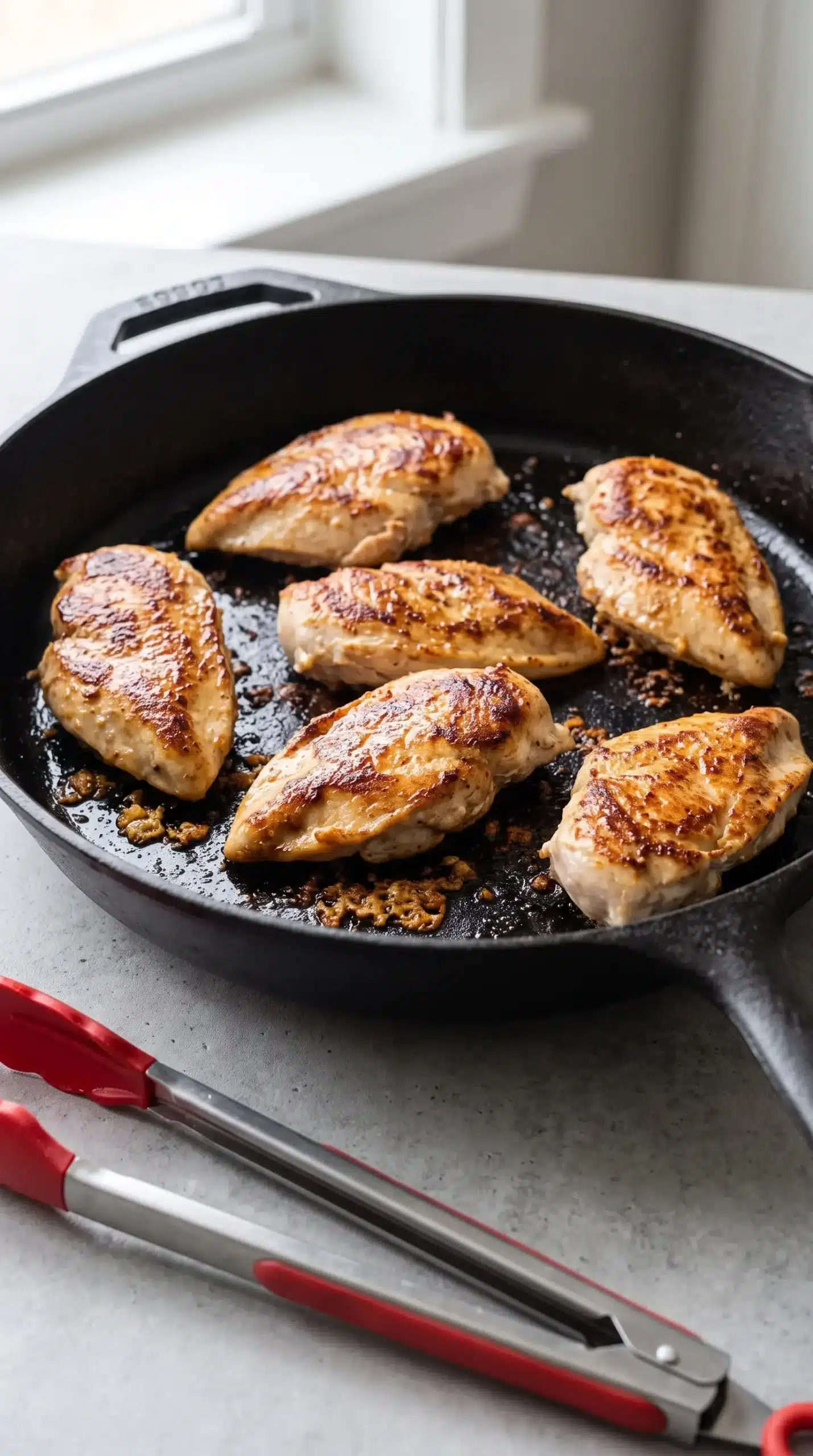 Chicken pieces searing in a skillet to develop a golden browned exterior