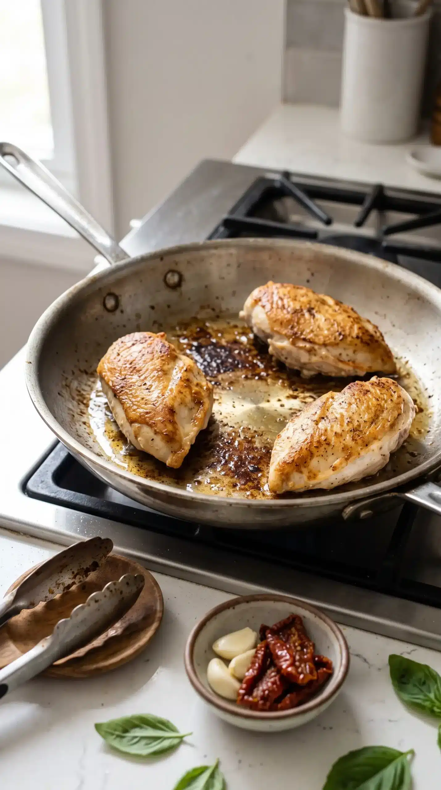 Chicken breasts searing in a skillet with golden edges and browned fond