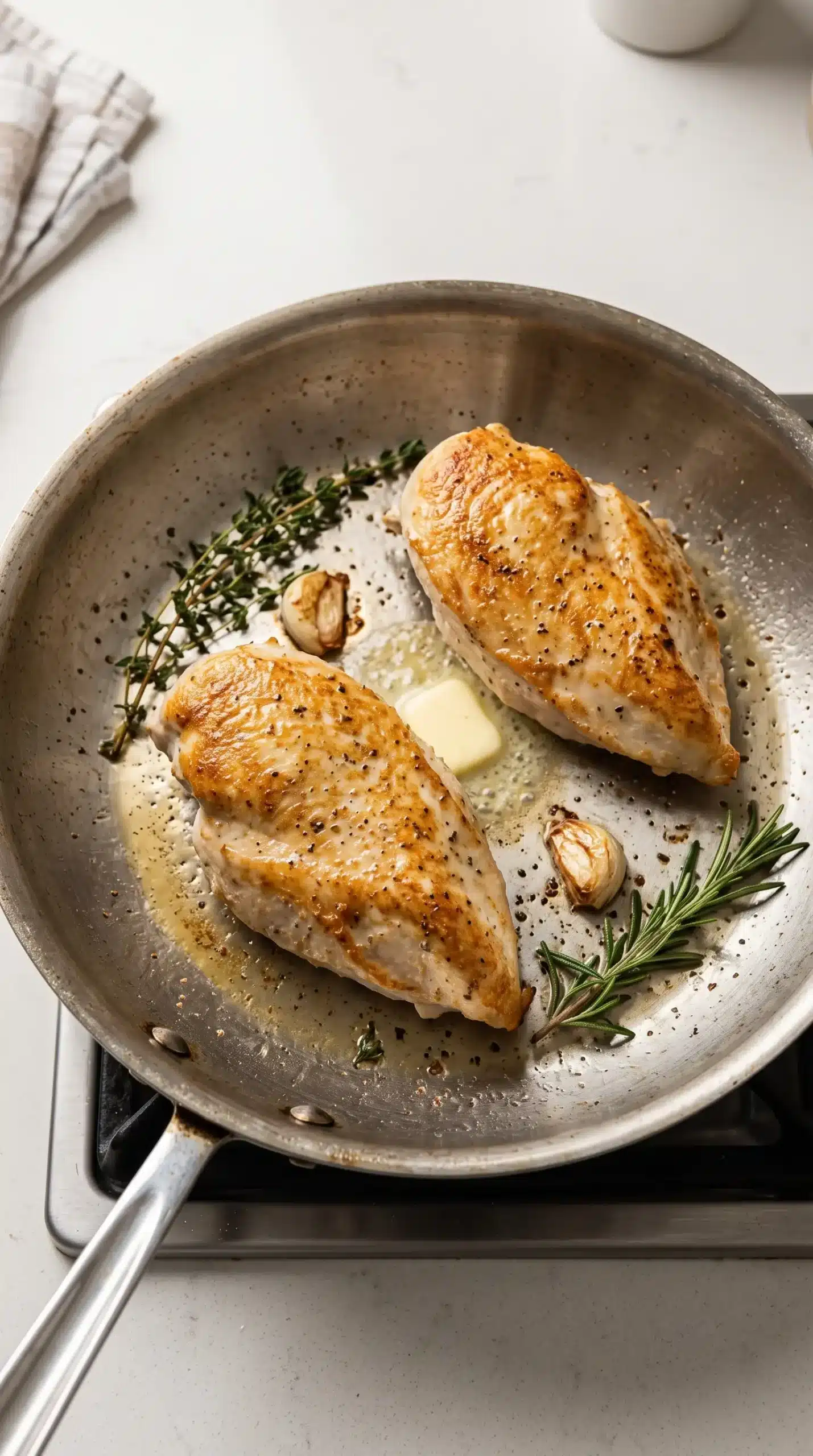 Chicken breasts browning in a skillet with butter, garlic, and fresh herbs