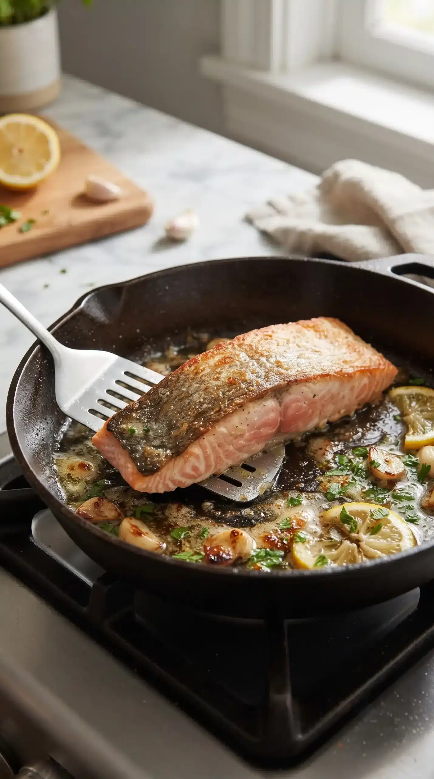 Salmon fillet searing in a skillet with a golden browned surface