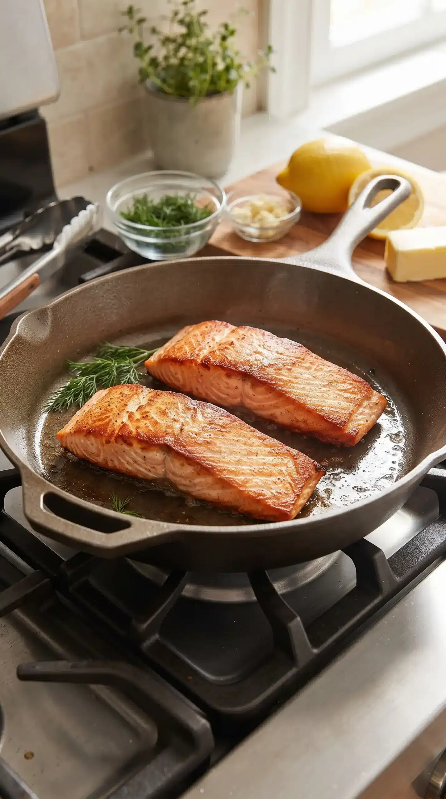 Salmon fillets searing in a skillet before adding lemon cream sauce