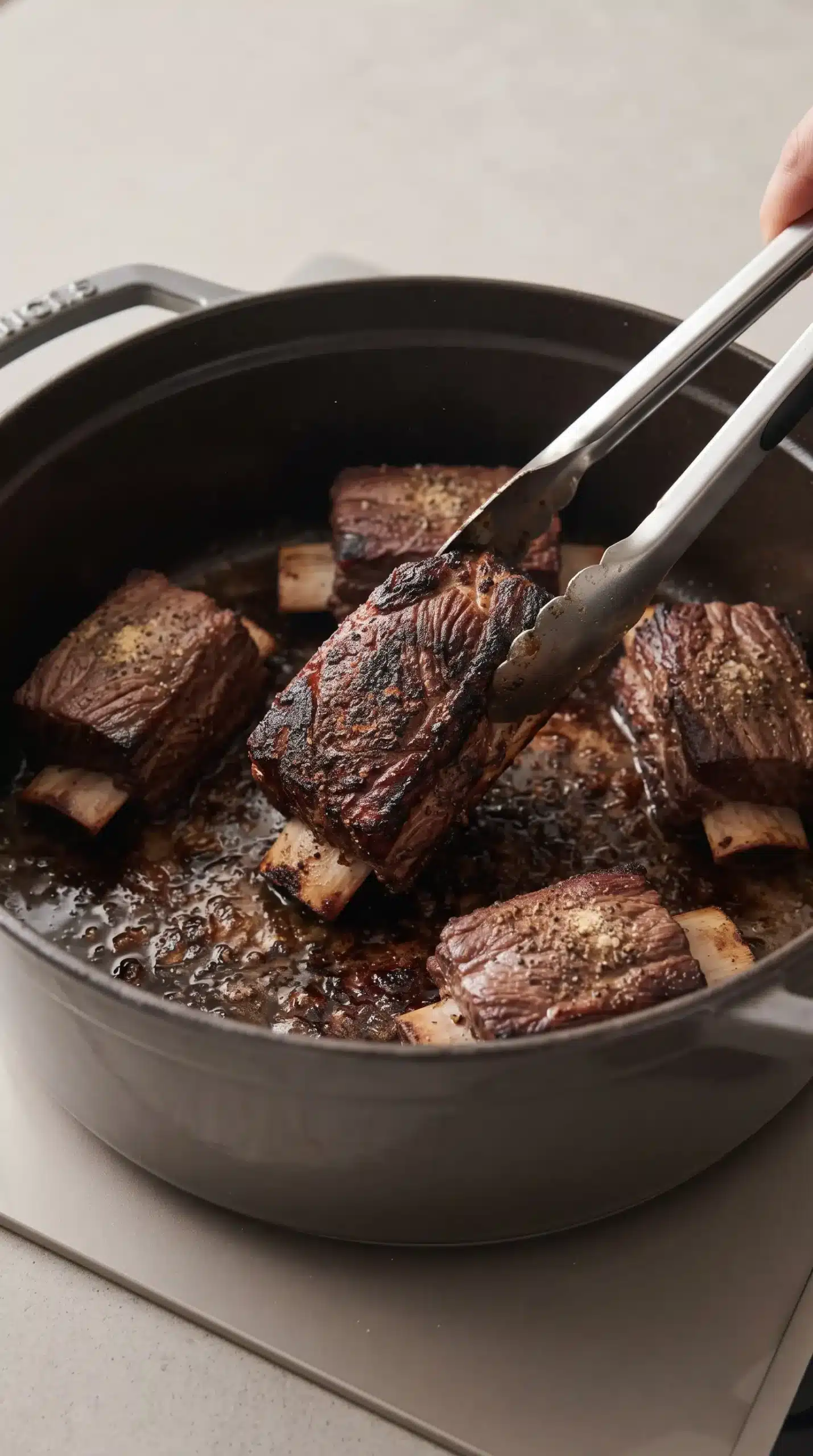 Short ribs searing in a Dutch oven to build a browned crust for soup