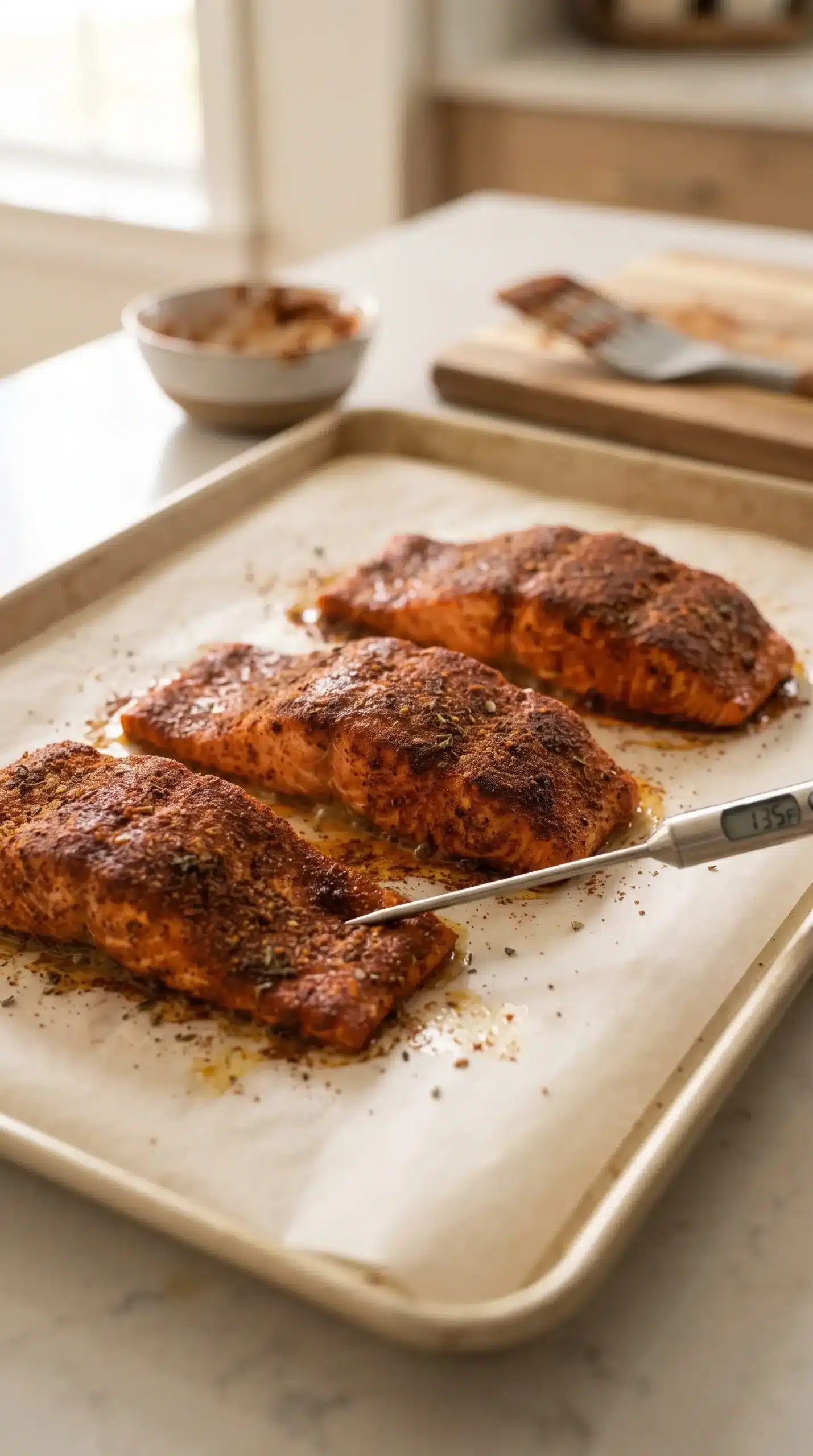 Seasoned Cajun salmon fillets baking on a parchment-lined sheet pan