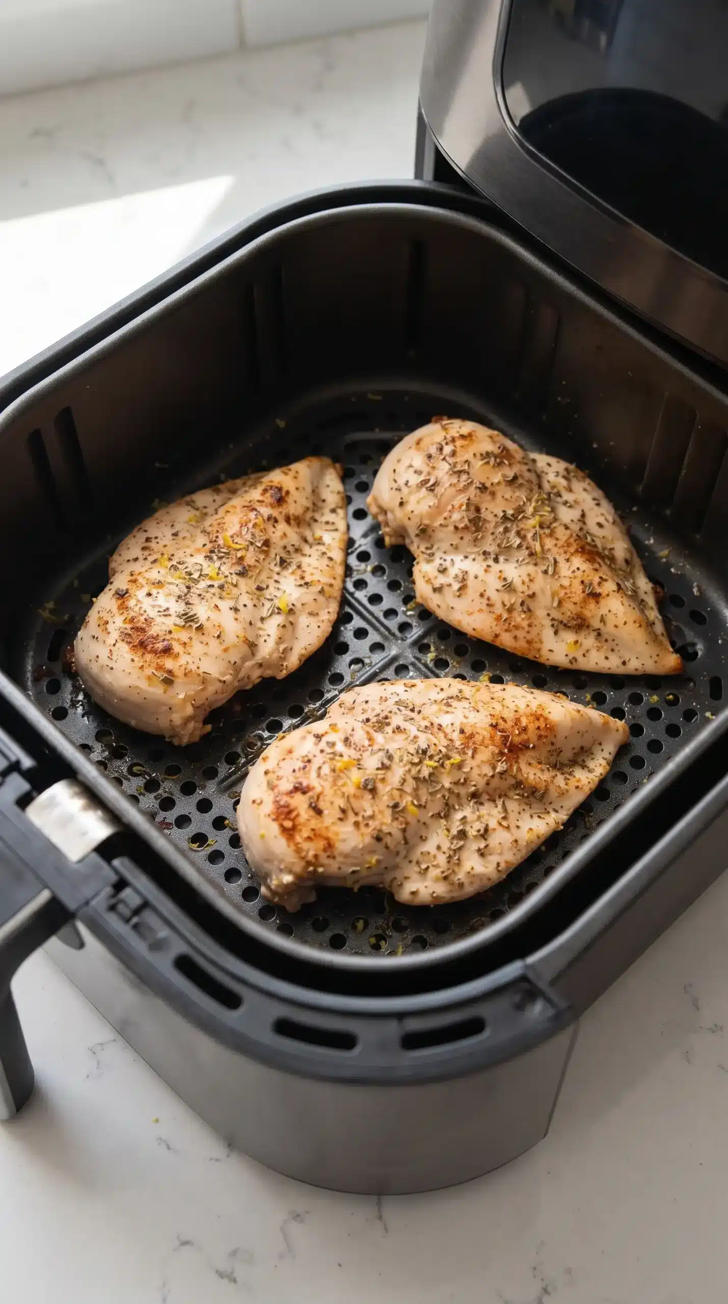 Seasoned chicken breasts arranged in a single layer inside an air fryer basket
