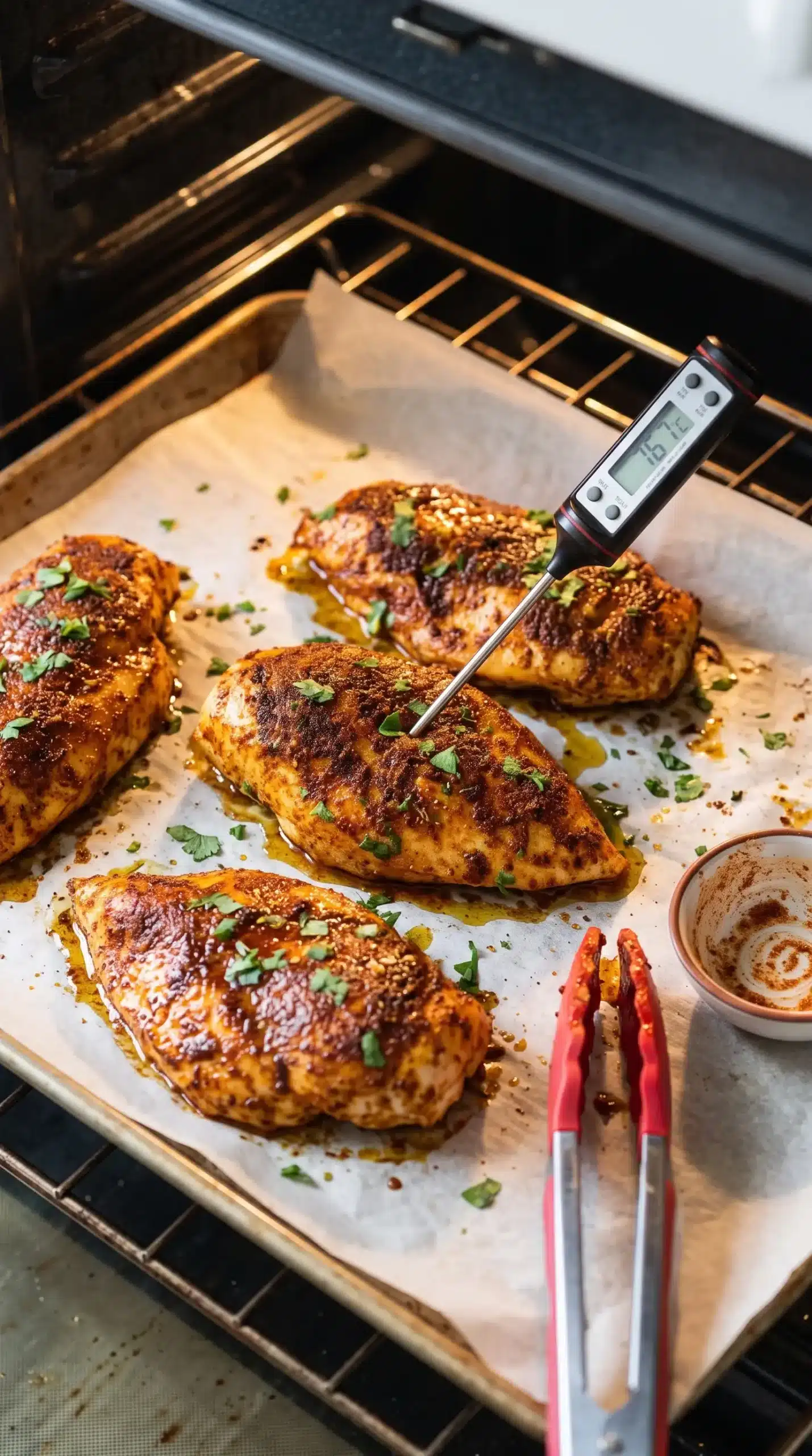 Seasoned chicken breast pieces arranged on a baking sheet before baking