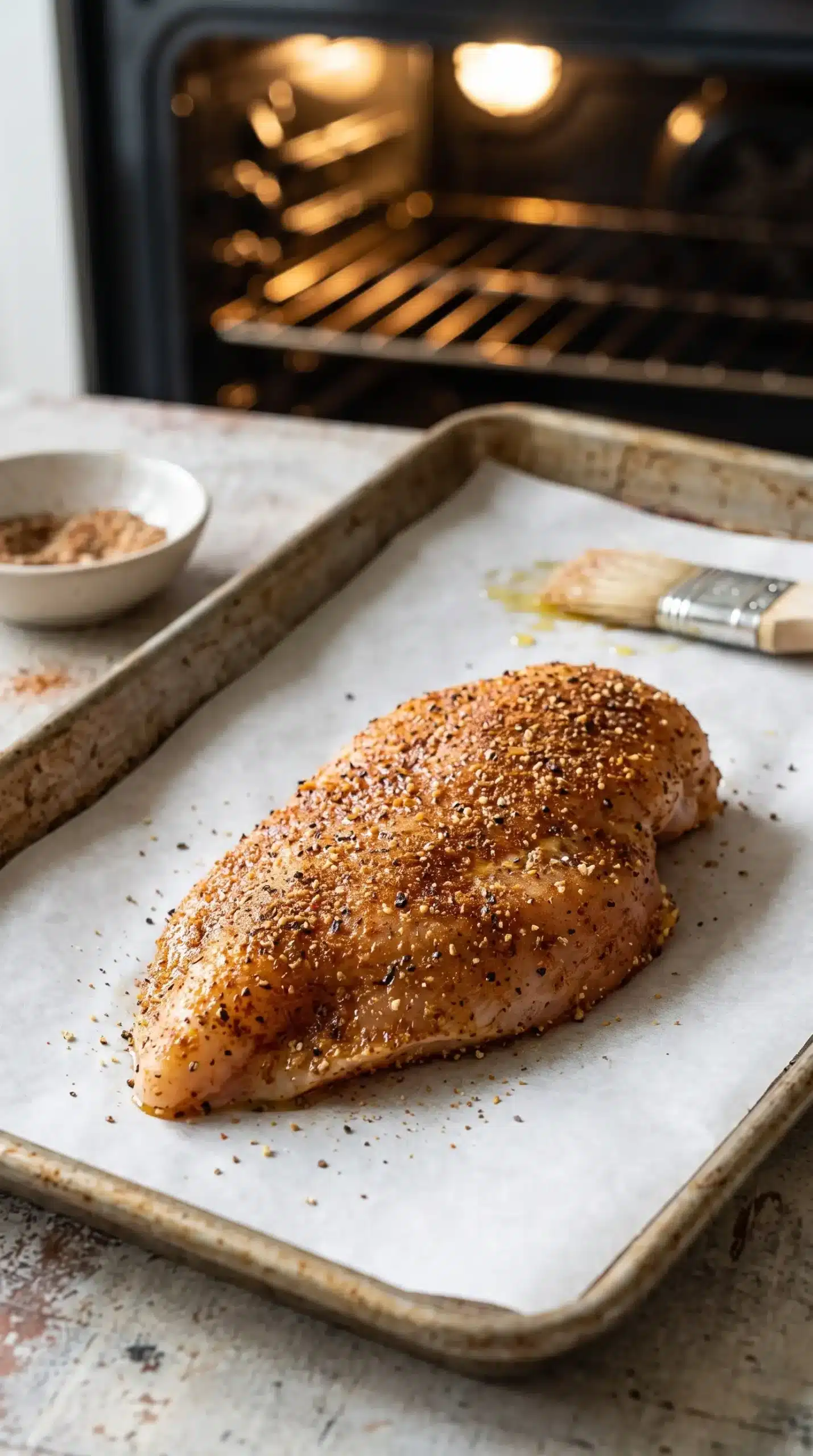 Paprika-seasoned chicken breast on a parchment-lined baking sheet ready for the oven