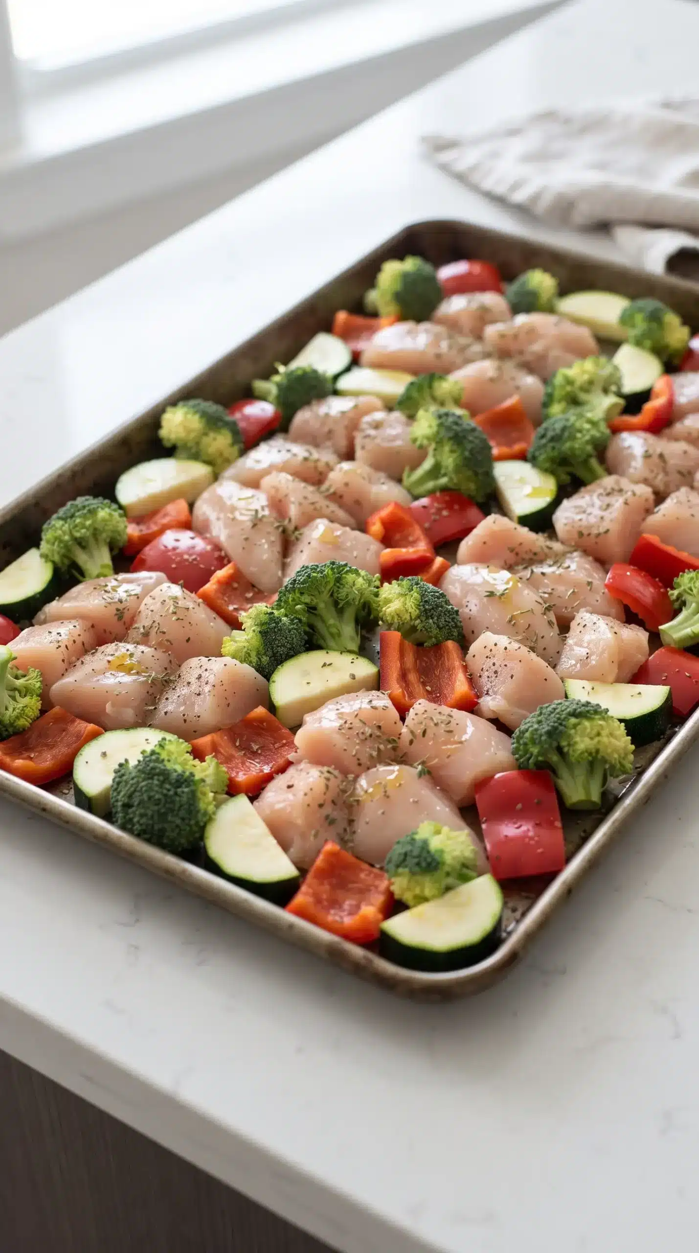 Seasoned chicken and vegetables arranged on a sheet pan before roasting