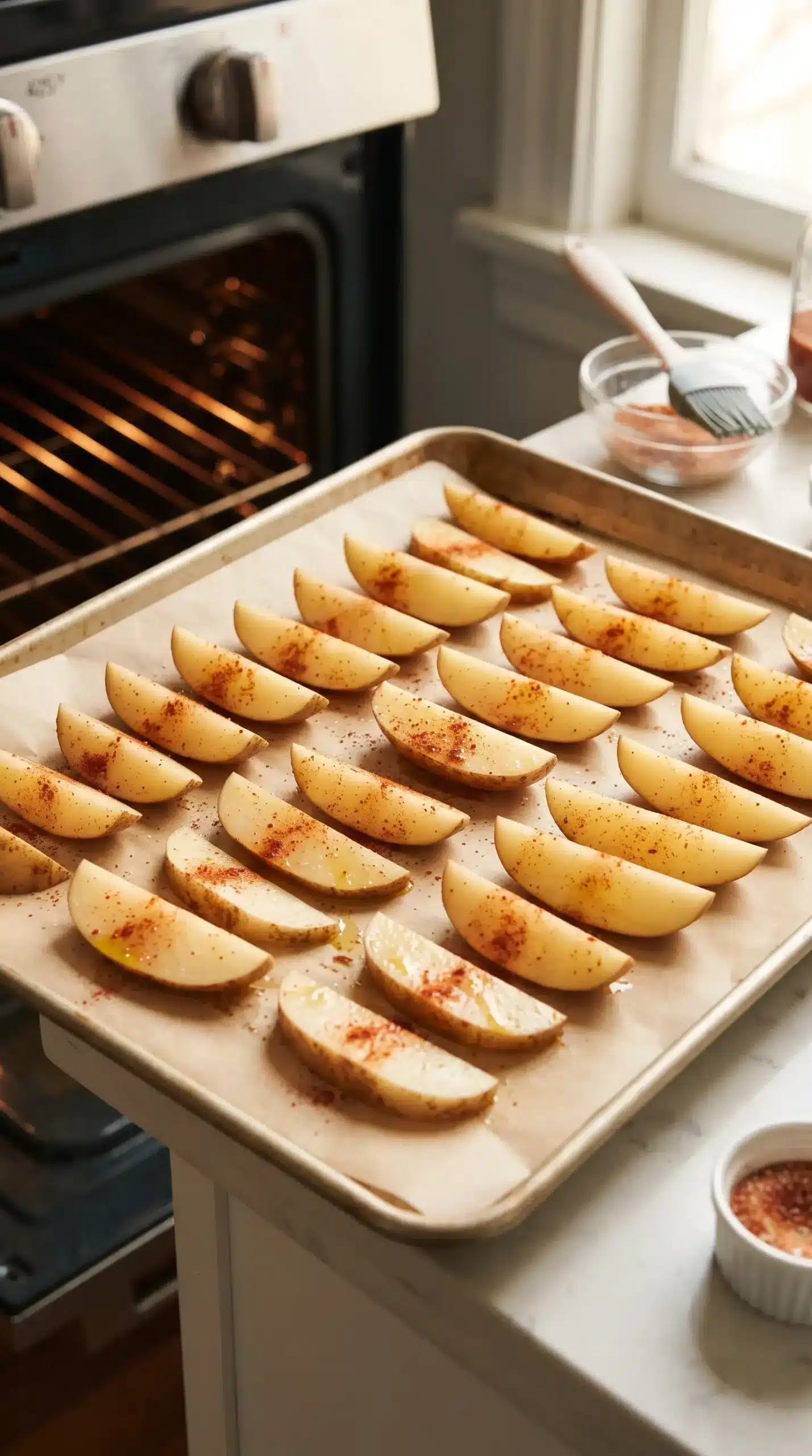 Seasoned potato wedges arranged on a baking sheet before roasting