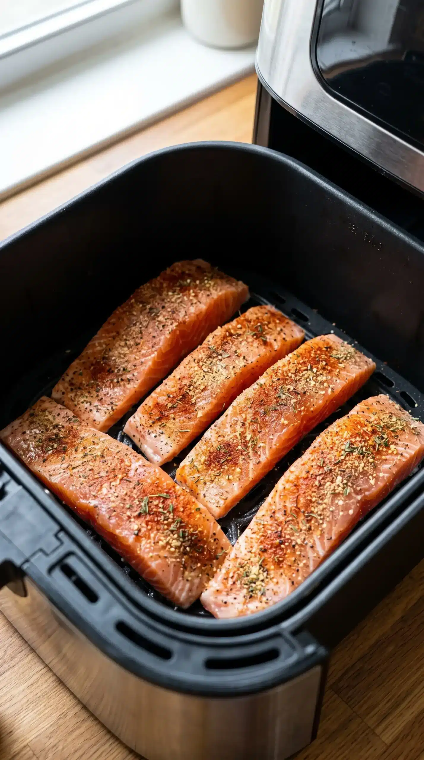 Seasoned salmon fillets cooking in an air fryer basket