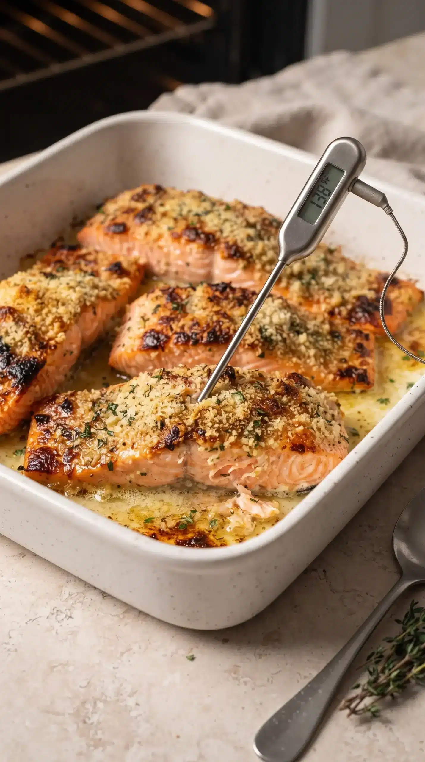 Seasoned salmon fillets in a baking dish with garlic butter coating before cooking