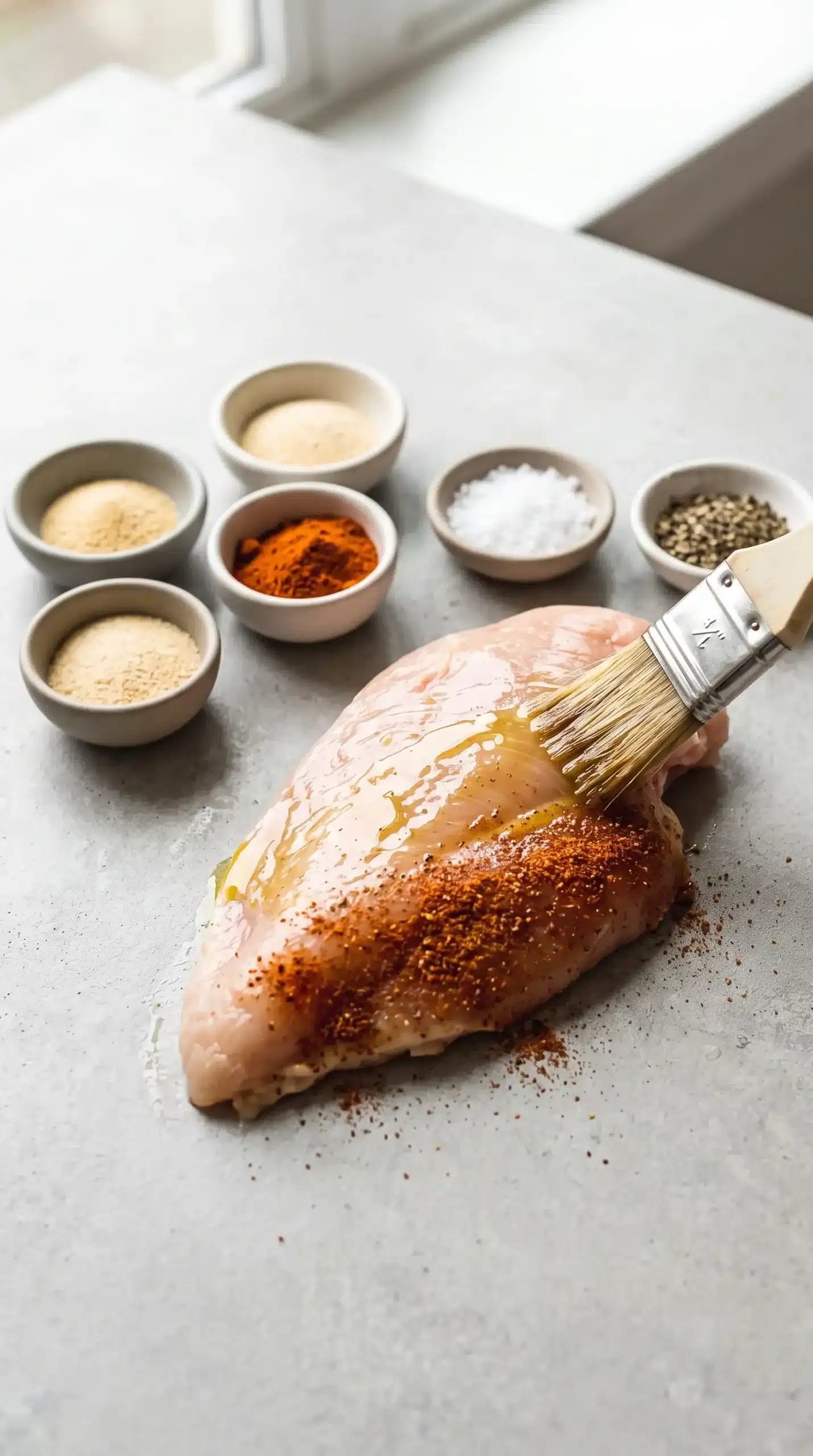 Chicken breast coated with olive oil and seasonings before baking