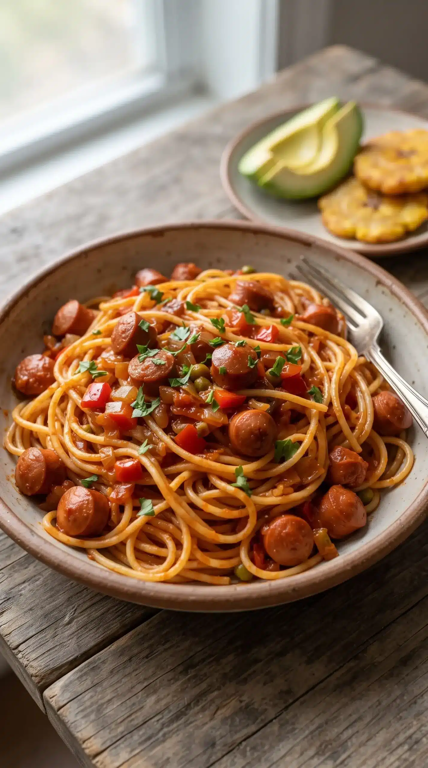 Finished Haitian spaghetti with tomato sauce, sausage, vegetables, and parsley garnish