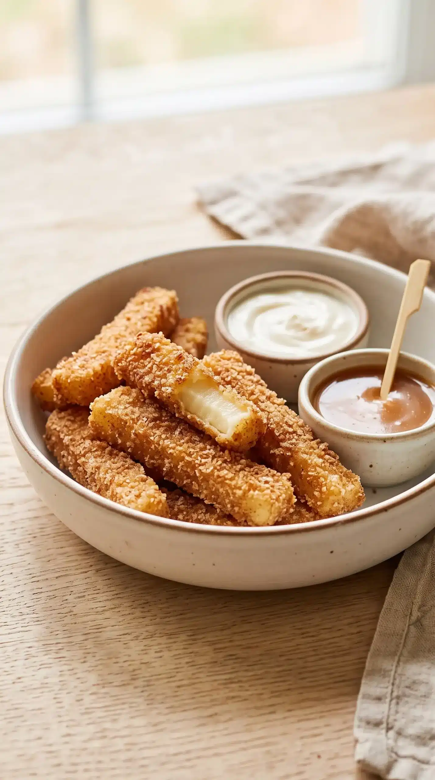 Crisp cinnamon air fryer apple fries served with yogurt dip and caramel sauce