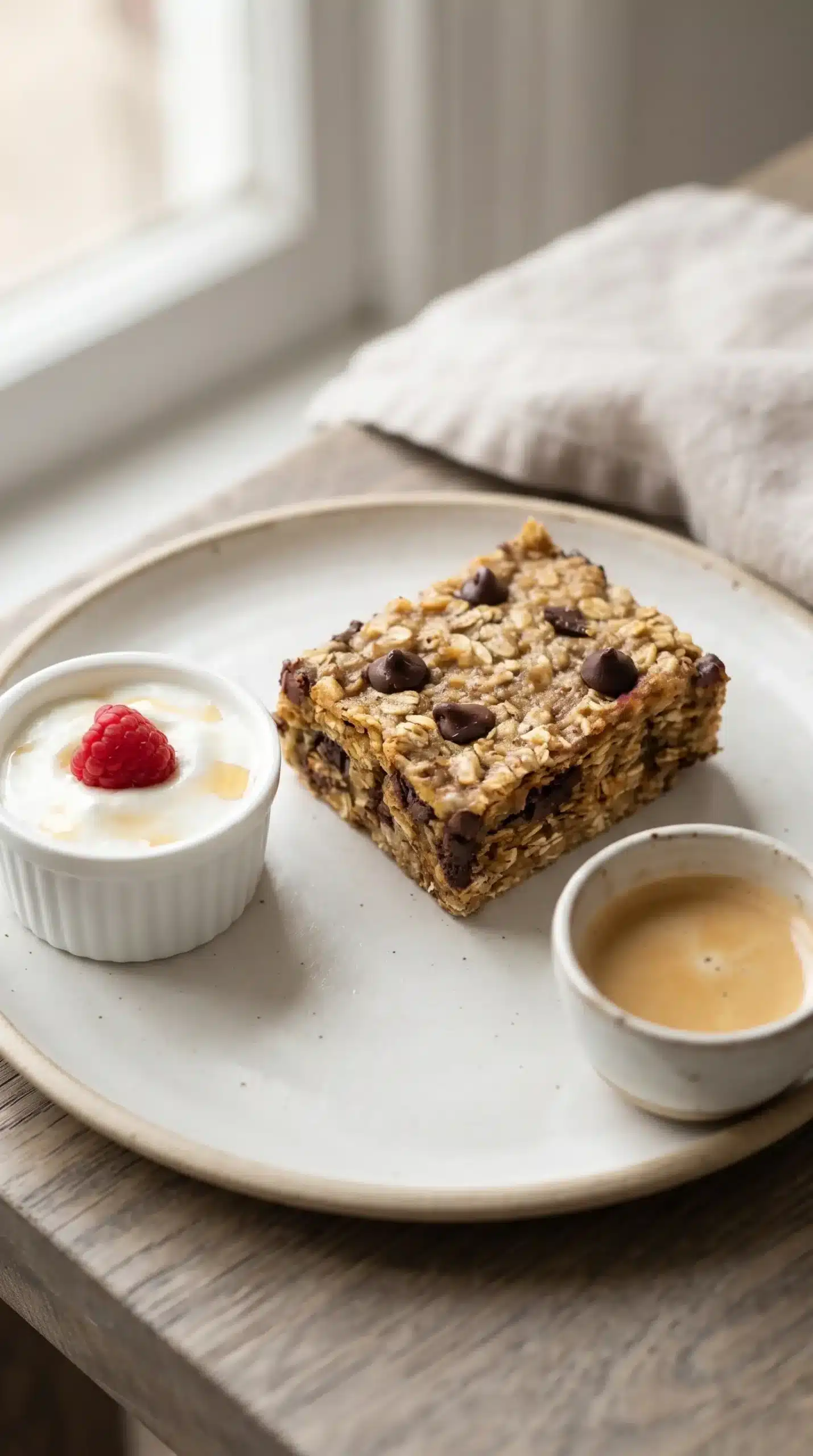 Single banana oatmeal bar served with fruit and a drink as a snack