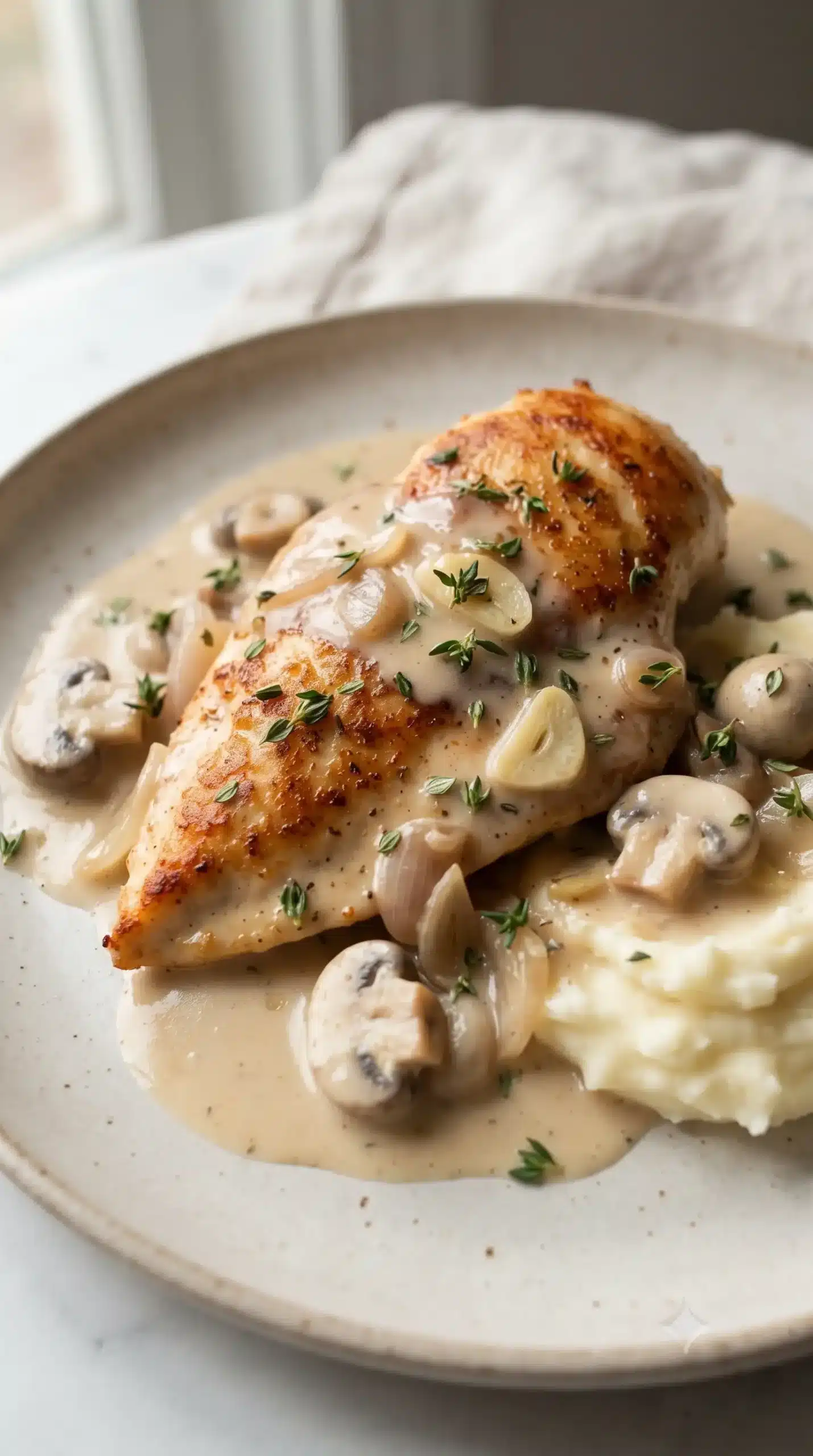 Chicken in white wine sauce served with creamy sauce, onions, garlic, thyme, and potatoes