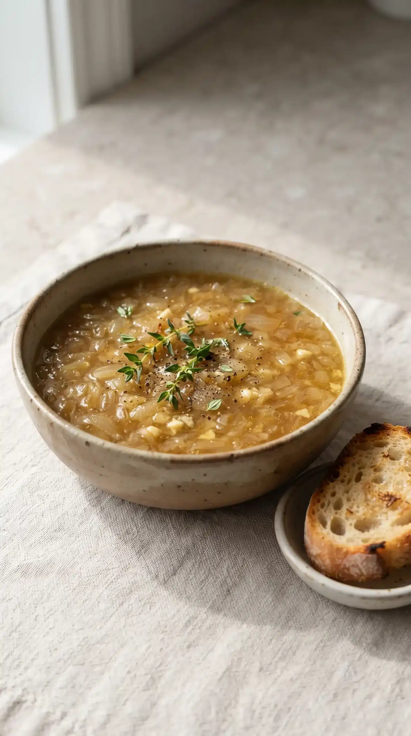 Finished garlic and onion soup bowl served with thyme garnish and toasted sourdough