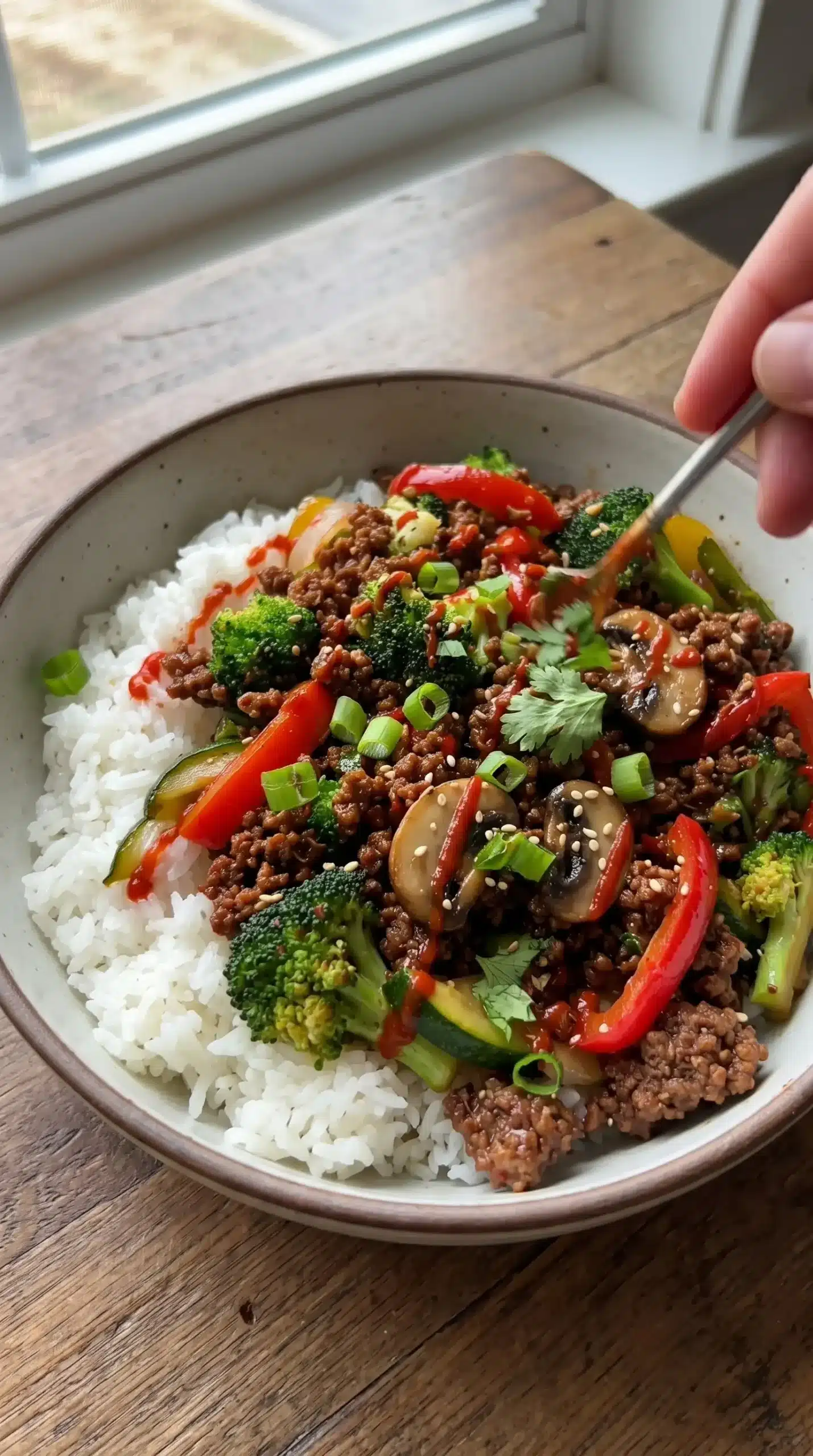 Finished ground beef stir-fry bowl with rice, vegetables, green onions, and sriracha
