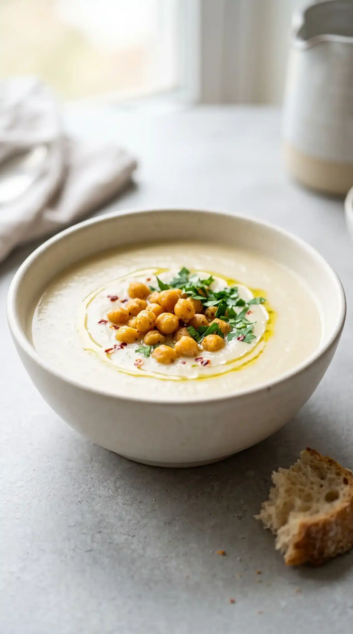 Creamy Mediterranean cauliflower soup served with roasted chickpeas, herbs, and olive oil