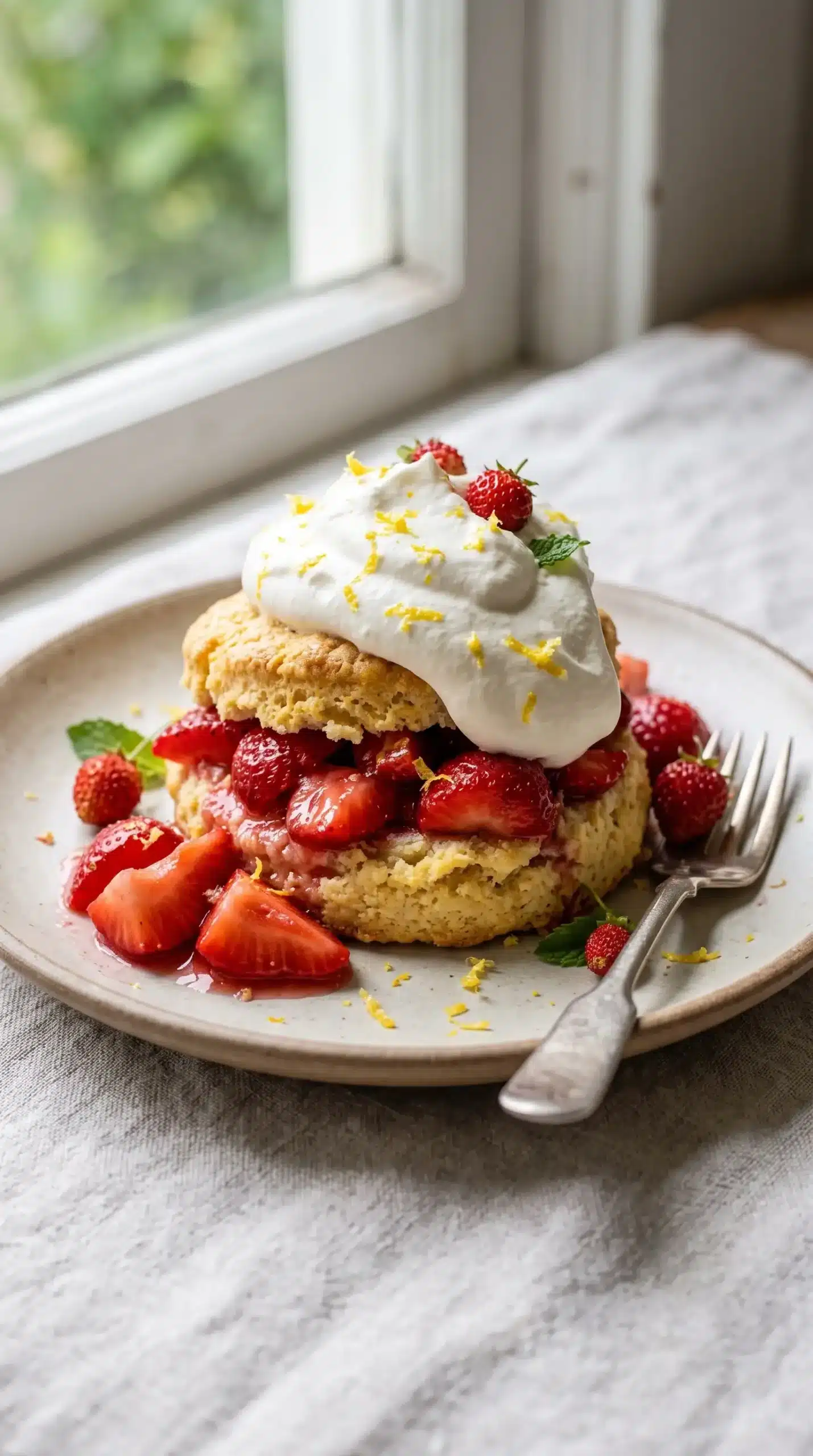 Strawberry lemon shortcake layered with berries, whipped cream, and lemon zest