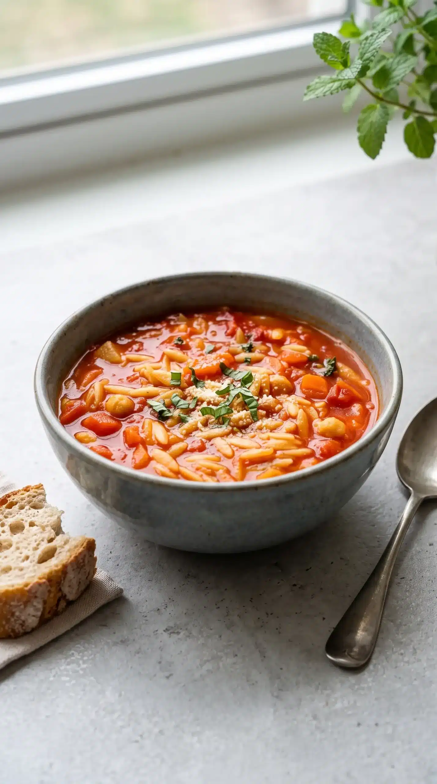 Finished bowl of tomato orzo soup topped with basil and Parmesan