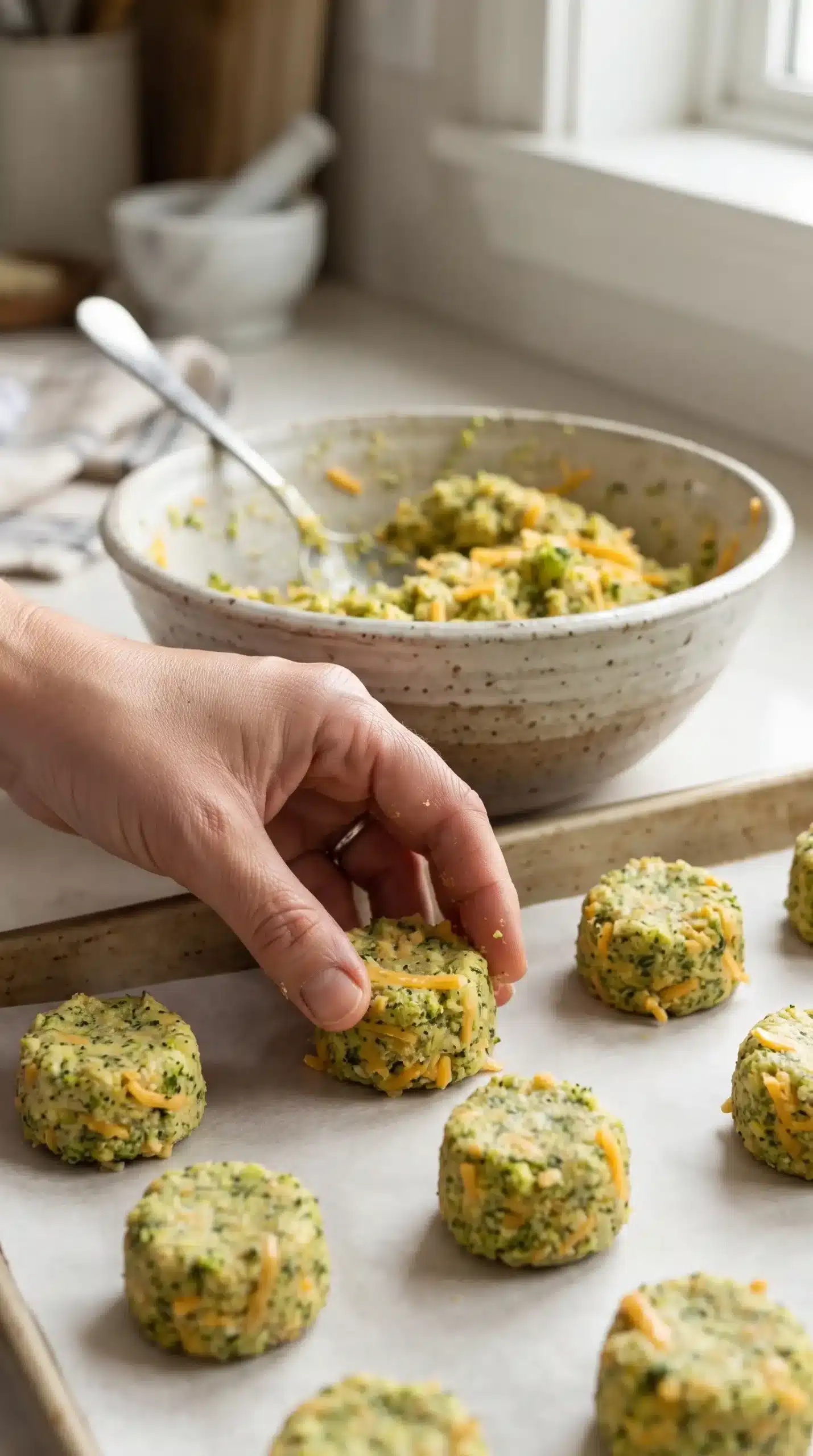 Chopped broccoli mixture with cheddar and almond meal shaped into tots