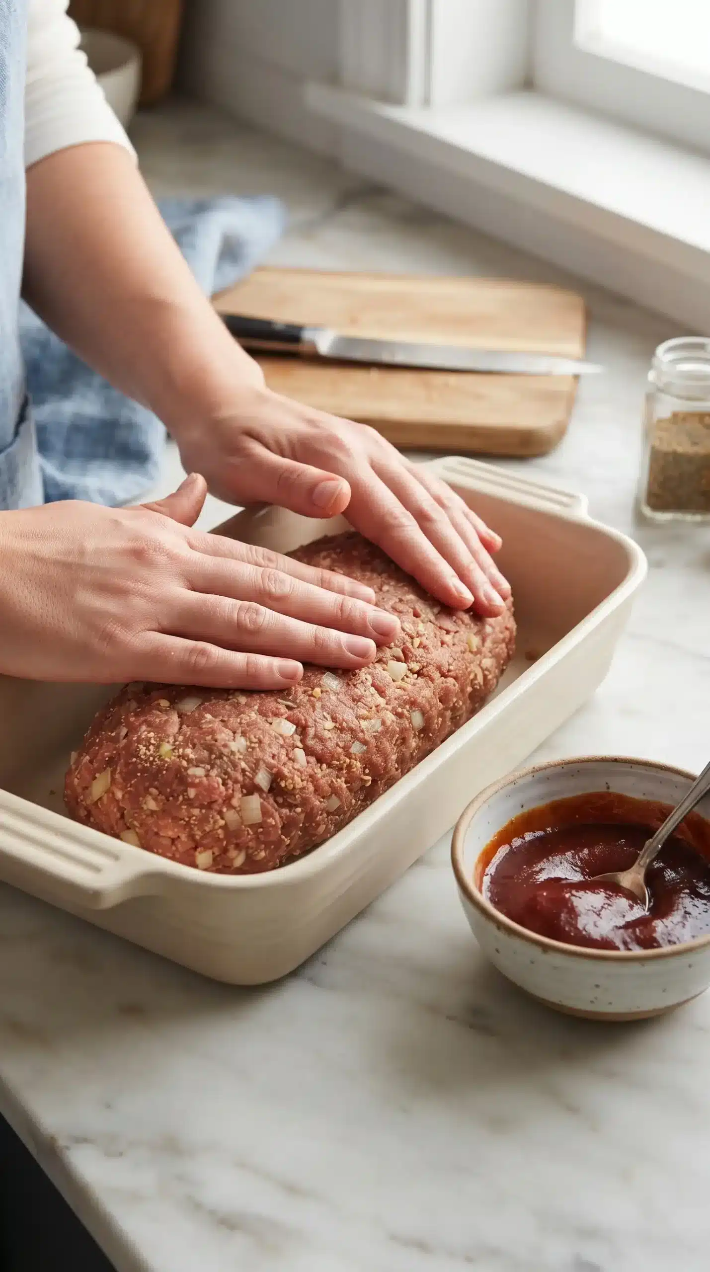 Hands shaping seasoned ground beef mixture into a meatloaf loaf before baking