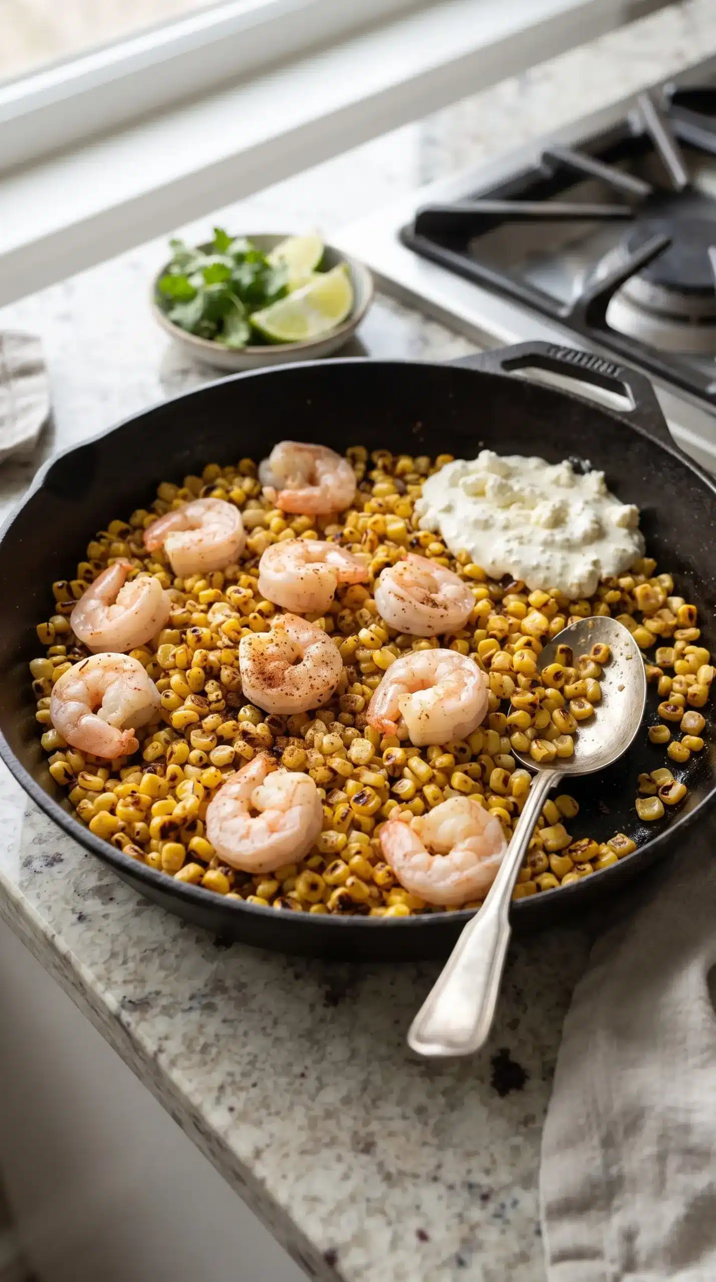 Shrimp and charred corn cooking together in a skillet for street corn
