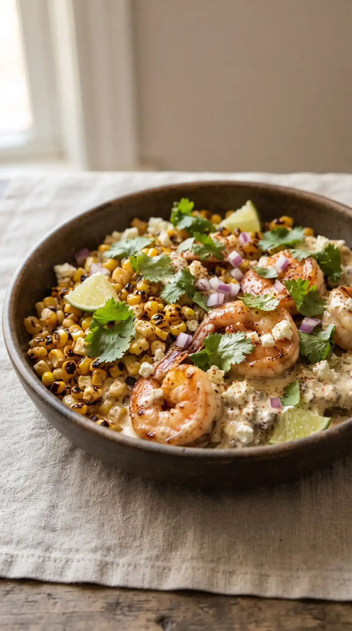 Finished shrimp street corn skillet with creamy feta sauce, corn, cilantro, and lime