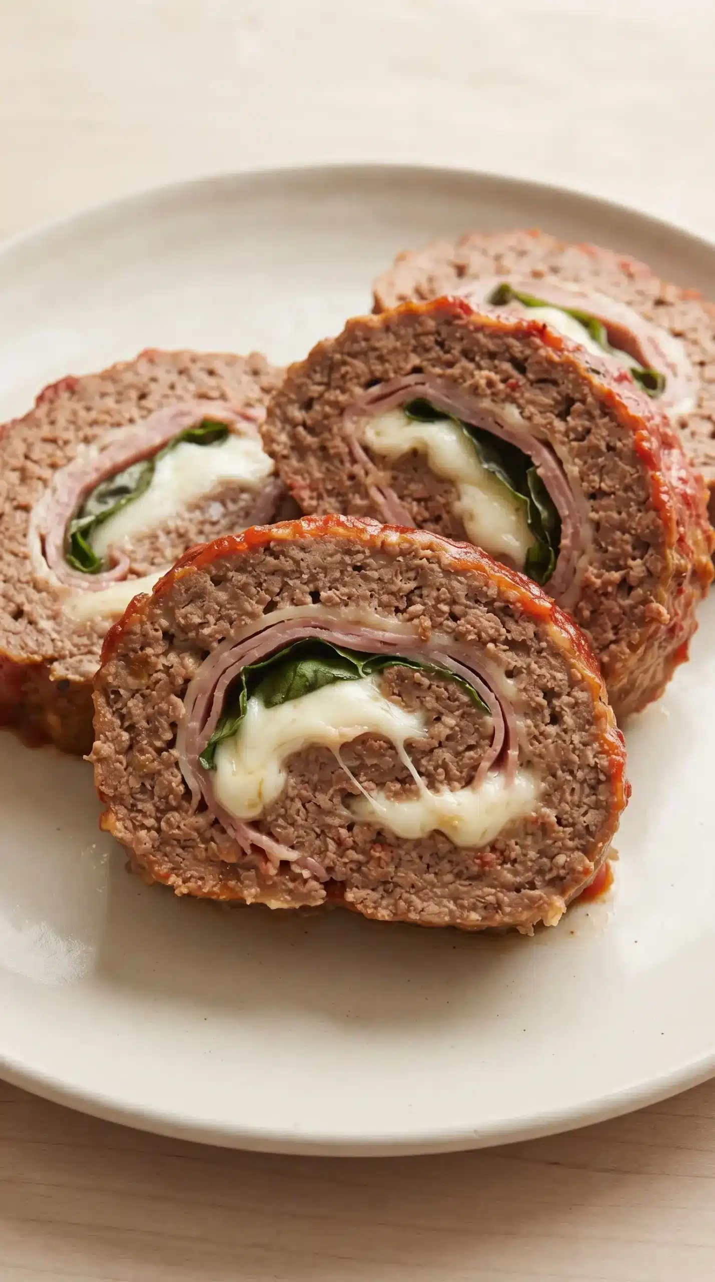 Sliced Sicilian meatloaf showing layers of mozzarella, basil, and ham inside