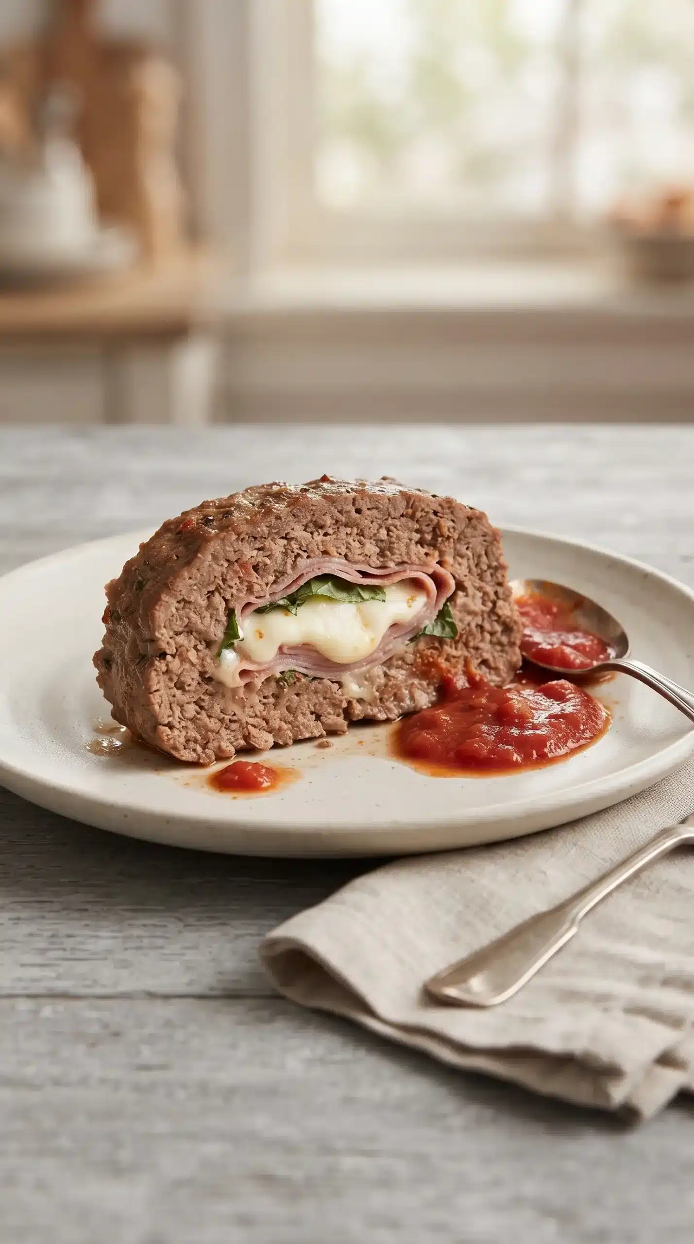 Sliced Sicilian meatloaf with a mozzarella center and marinara sauce beside it