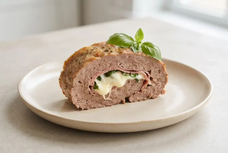 Sliced Sicilian meatloaf with mozzarella, basil, and ham filling on a ceramic plate