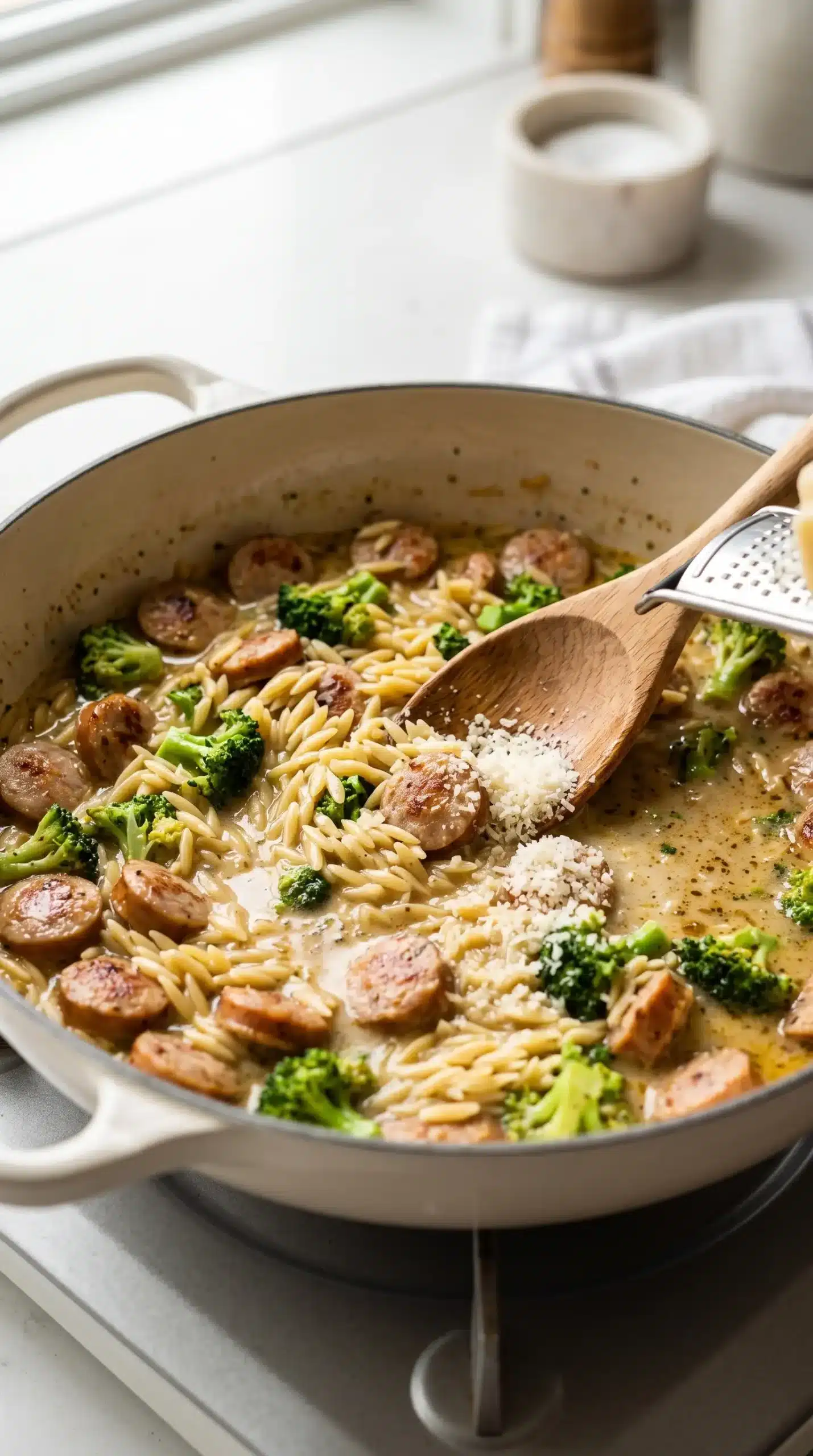 Browned chicken sausage, orzo, and broccoli simmering in broth as Parmesan is stirred into the pot