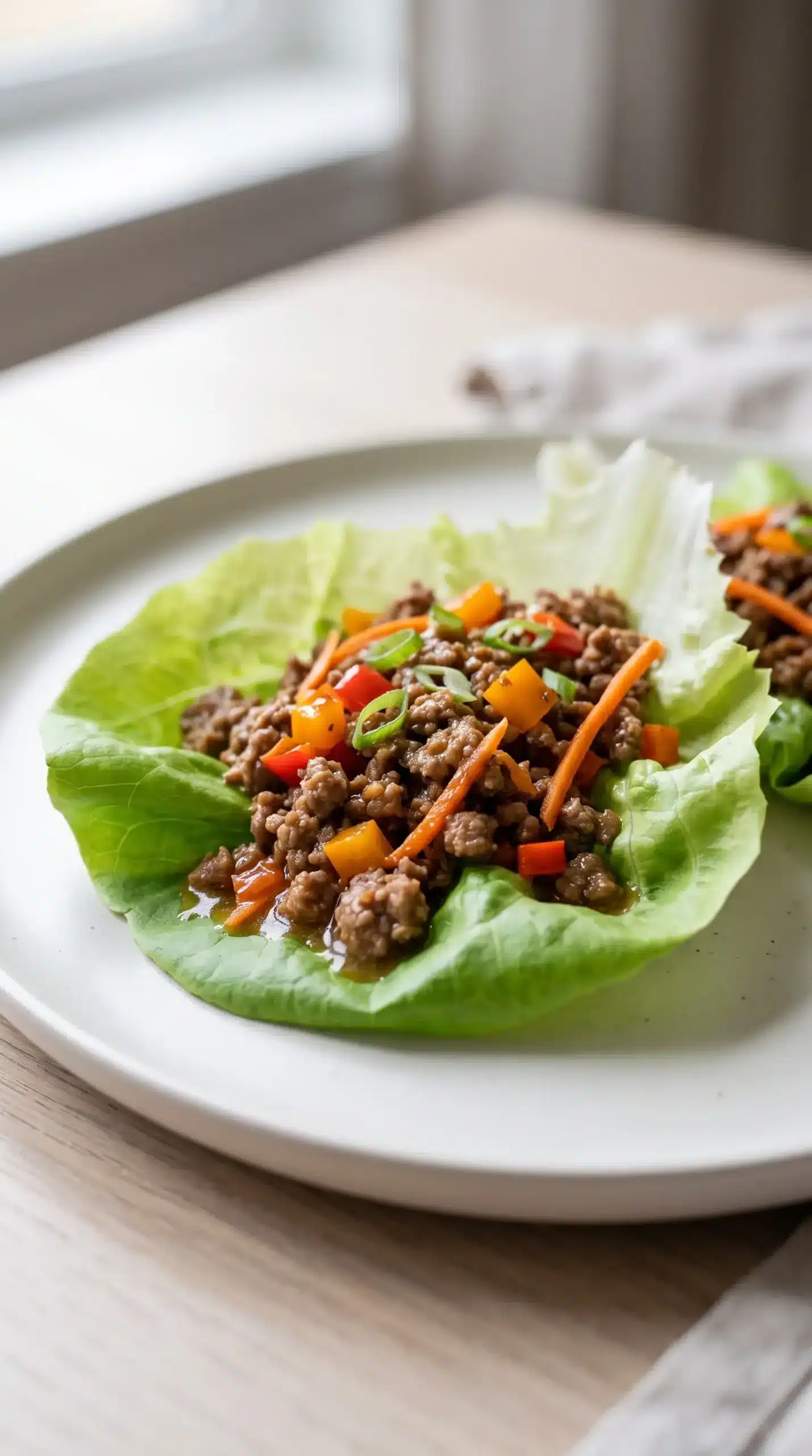 Single lettuce wrap filled with savory ground beef, diced vegetables, and sauce