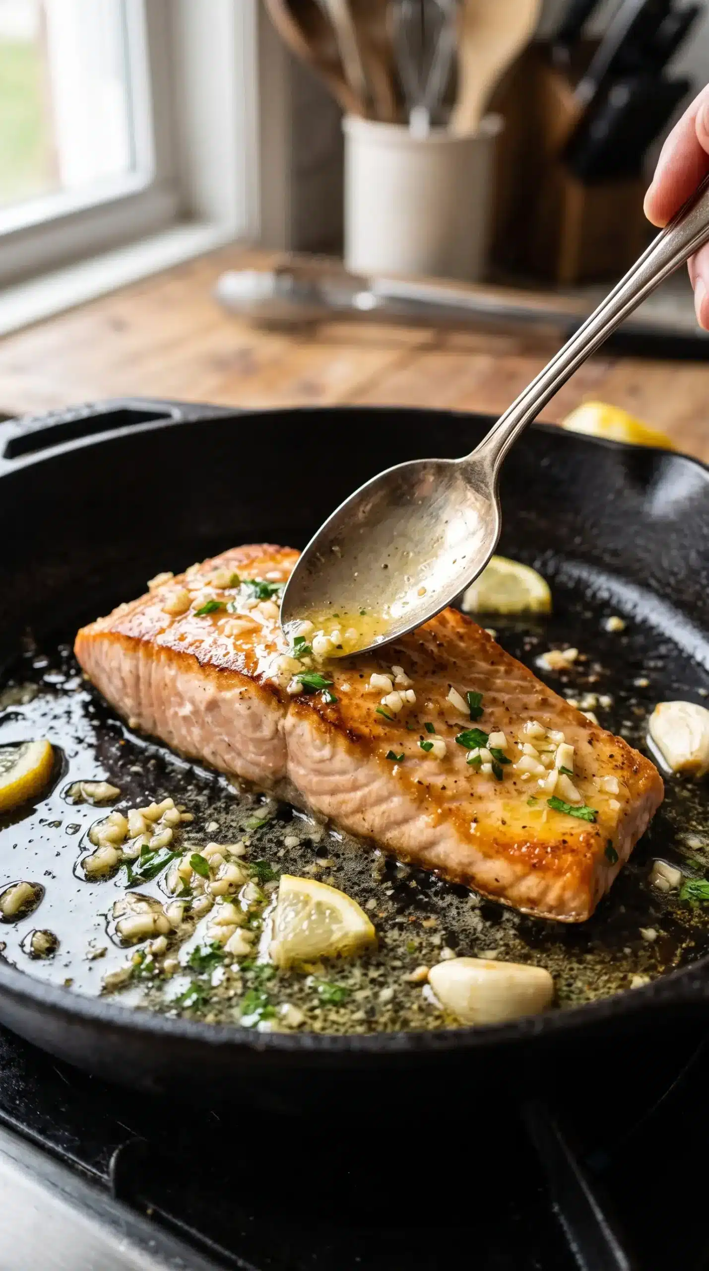Salmon fillet cooking in a skillet while being basted with garlic butter sauce