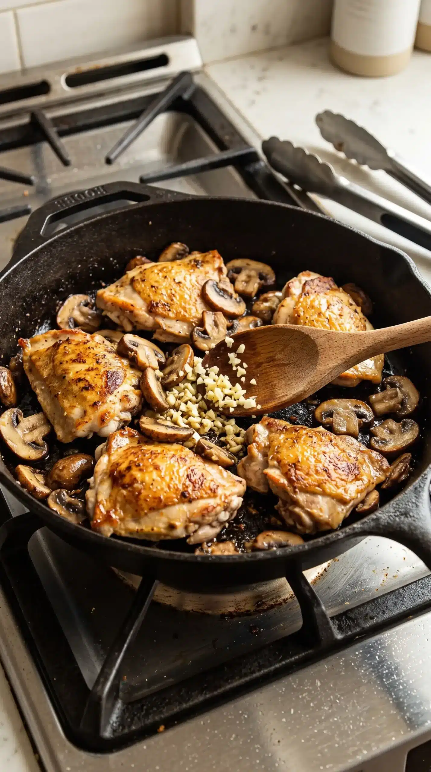 Chicken and mushrooms browning with garlic in a skillet