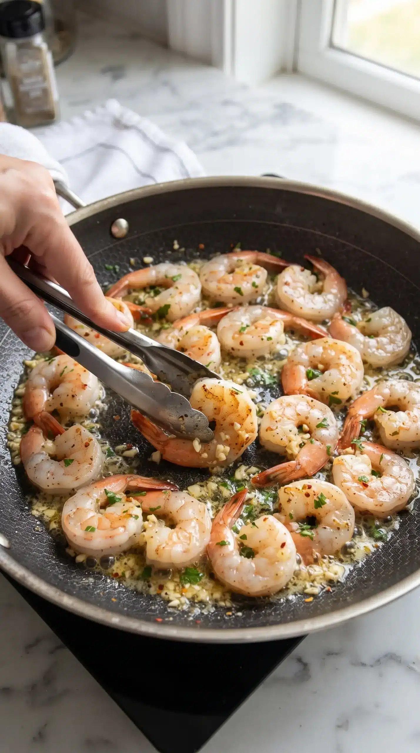Professional close-up cooking photograph of garlic butter shrimp being prepared in a skillet, showing the active searing stage with large shrimp arranged in a single layer in a wide skillet as they develop light golden color. Include visible butter around the shrimp with minced garlic and subtle seasoning in the pan, with a cook's hand gently turning one shrimp using kitchen tongs. Focus on the cooking process rather than the final serving, realistic kitchen setting, natural light, no dramatic steam or sizzling effects, no wooden surface, and accurate food photography.