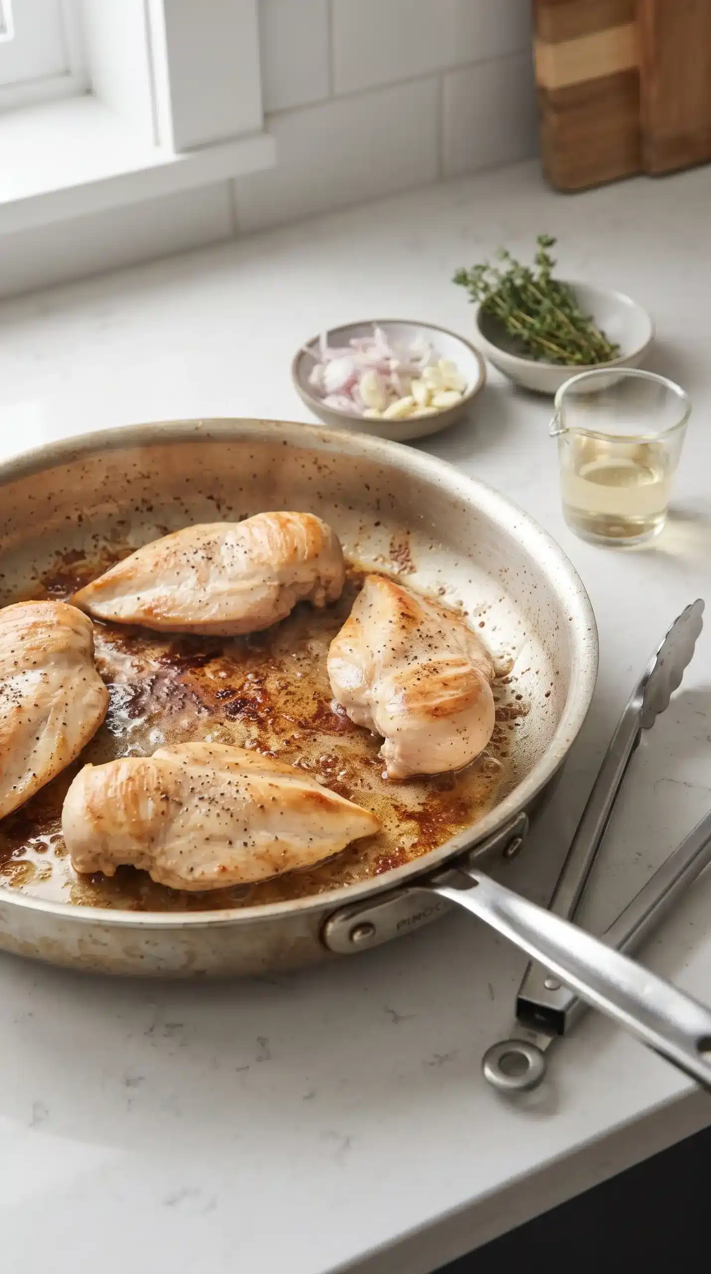 Chicken breasts searing in a skillet with onions, garlic, thyme, and browned pan fond
