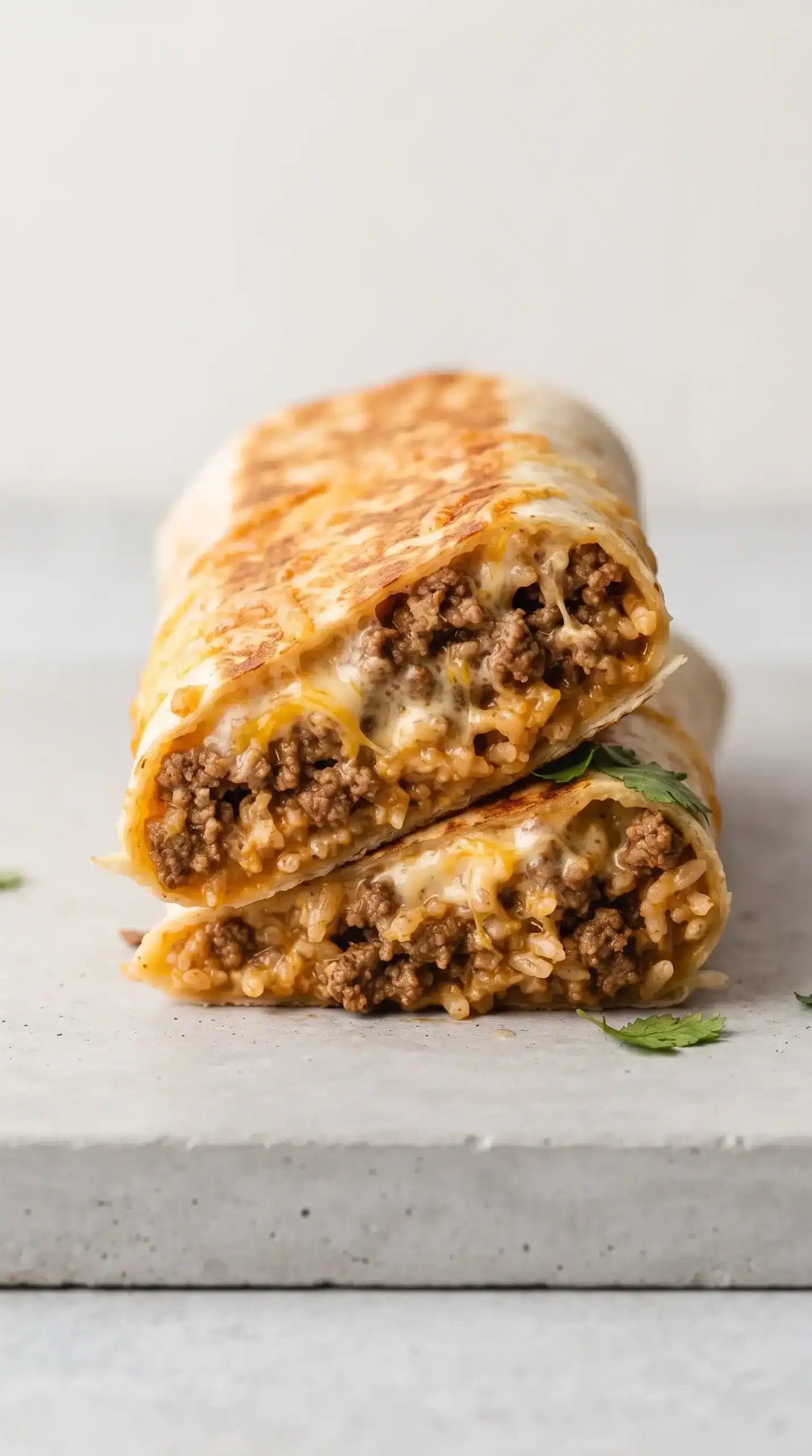 Sliced grilled cheese burrito showing beef, rice, melted cheese, and sauce filling