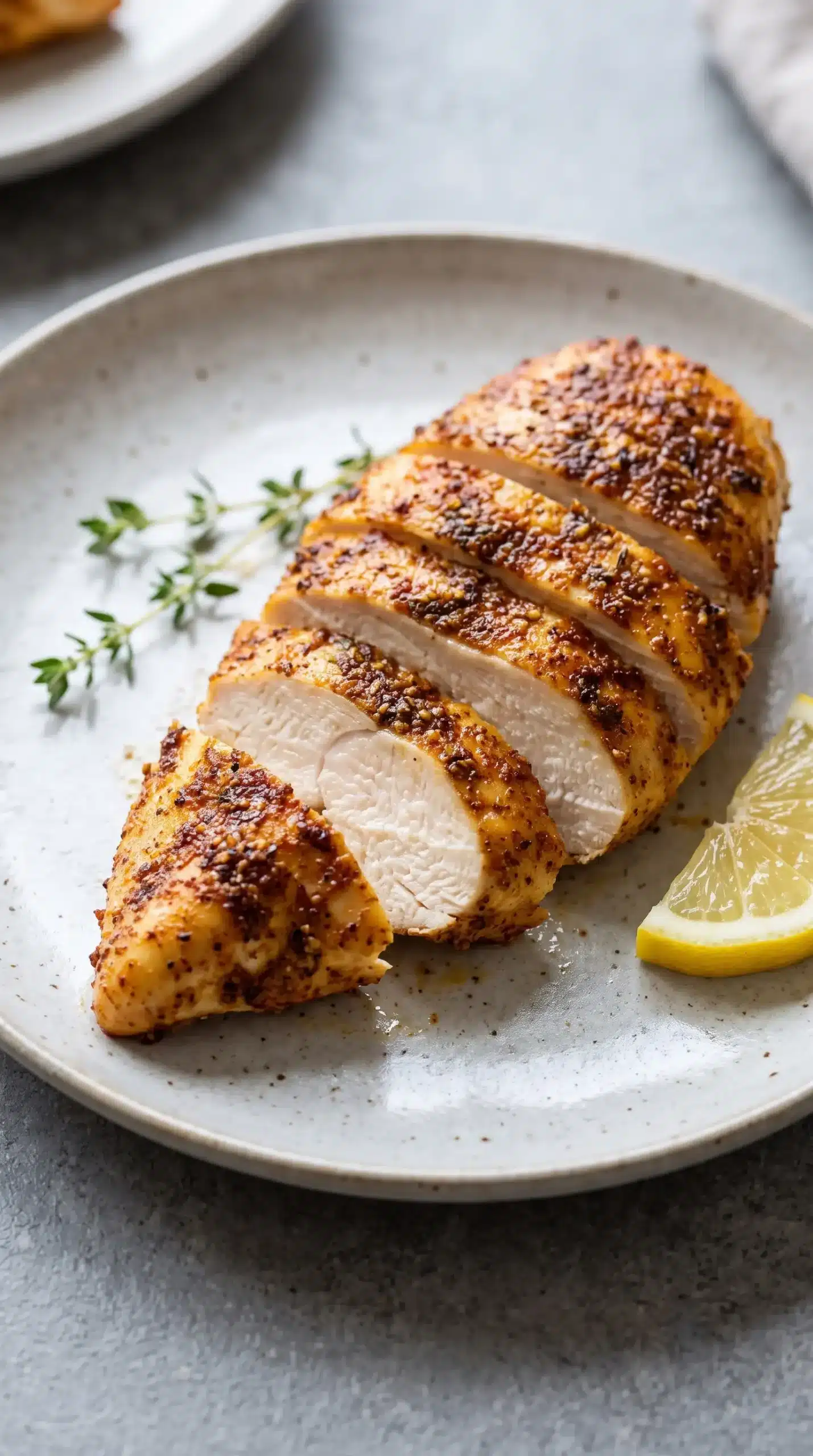 Sliced baked chicken breast with a browned paprika exterior and moist center on a neutral plate